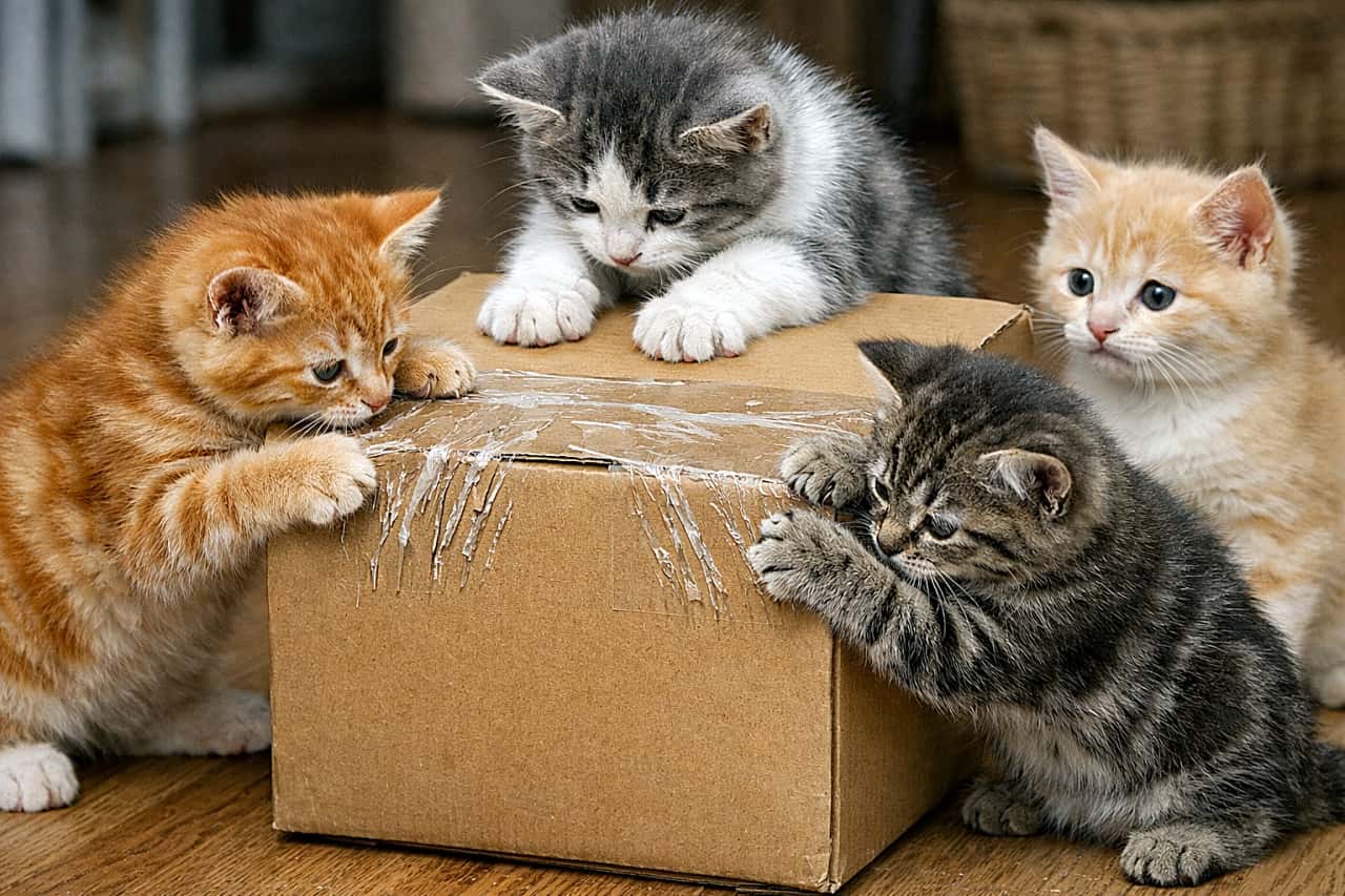「開封作業はチーム戦！爪担当、押さえ役、見学係まで完璧な子猫分業制📦🐾」Four kittens cooperate to open a cardboard box, scratching the sealing tape with their claws while another kitten presses the lid and one watches curiously. 4匹の子猫が協力して段ボール箱を開けようとし、爪でテープを引っかき、1匹はフタを押さえ、もう1匹が興味深そうに見守っている様子