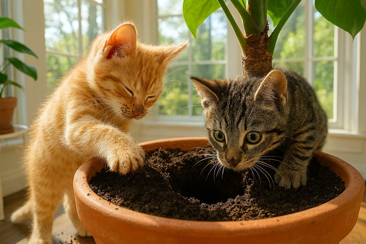 「「ねえ、何か埋まってるかもよ！」お宝発見！？「ねえ、何か埋まってるかもよ！」」“Treasure found!? Sunny-day soil explorers” In a brightly lit sunroom, two curious kittens dig together in the soil of a large potted plant. One uses its paws to dig while the other peers into the hole. Both have dirt smudges on their noses, creating a funny and heartwarming scene. 明るいサンルームで、2匹の好奇心旺盛な子猫が大きな植木鉢の土を一緒に掘っている。1匹は前足で土を掘り、もう1匹は掘った穴を覗き込んでいる。2匹とも鼻に土がついていて、いたずらっぽくて微笑ましい様子