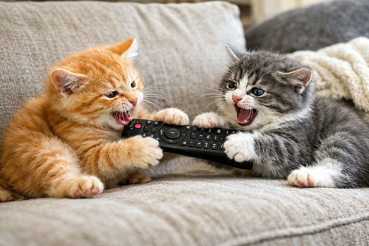 「チャンネル争奪戦、勃発！勝つのはどっち？可愛さだけは引き分けです🐾📺」Two playful kittens wrestling over a TV remote on a soft sofa, creating a humorous and chaotic scene. ソファの上でテレビのリモコンを取り合い、じゃれ合う2匹の子猫のユーモラスな瞬間