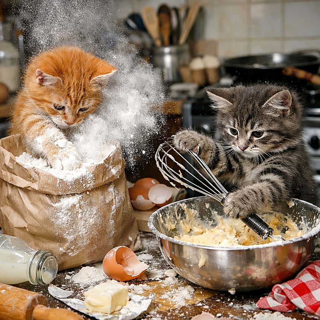「お手伝いのはずが大惨事！？粉雪舞うキッチンで、子猫シェフが全力クッキング中🐾」Two kittens making a mess while baking in a kitchen, one pawing flour into the air and the other playing with a whisk in a mixing bowl. キッチンでお菓子作りを手伝う（？）2匹の子猫。1匹は小麦粉を舞い上げ、もう1匹はボウルの泡立て器で遊んでいる