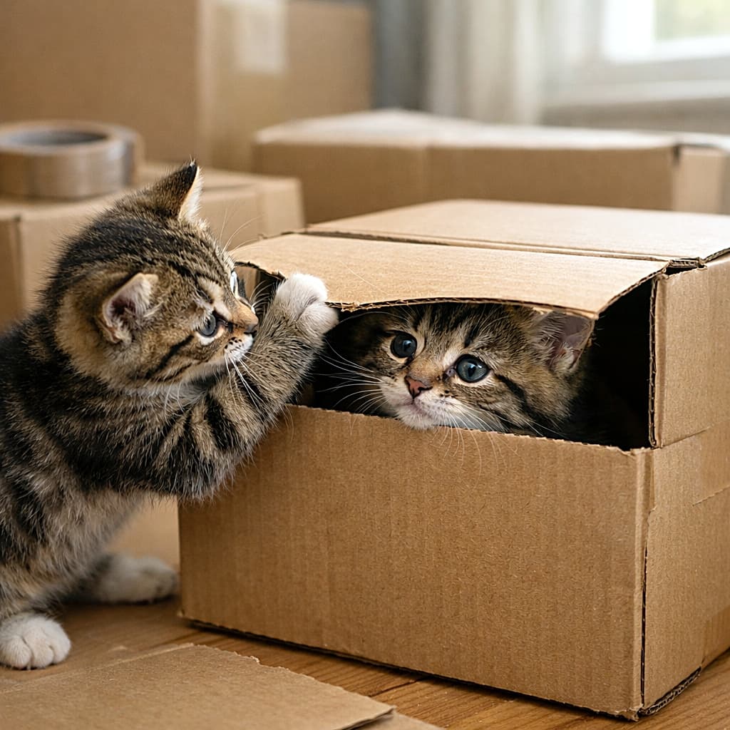 「「だいじょうぶ？」引っ越し準備中も、子猫たちは助け合い中🐾」Two kittens among moving boxes, one inside a cardboard box peeking out while the other gently pulls the flap to help, lit by soft window light. 引っ越し用の段ボールに囲まれ、箱の中から顔を出す子猫と、外からフタを引いて助けようとするきょうだい子猫