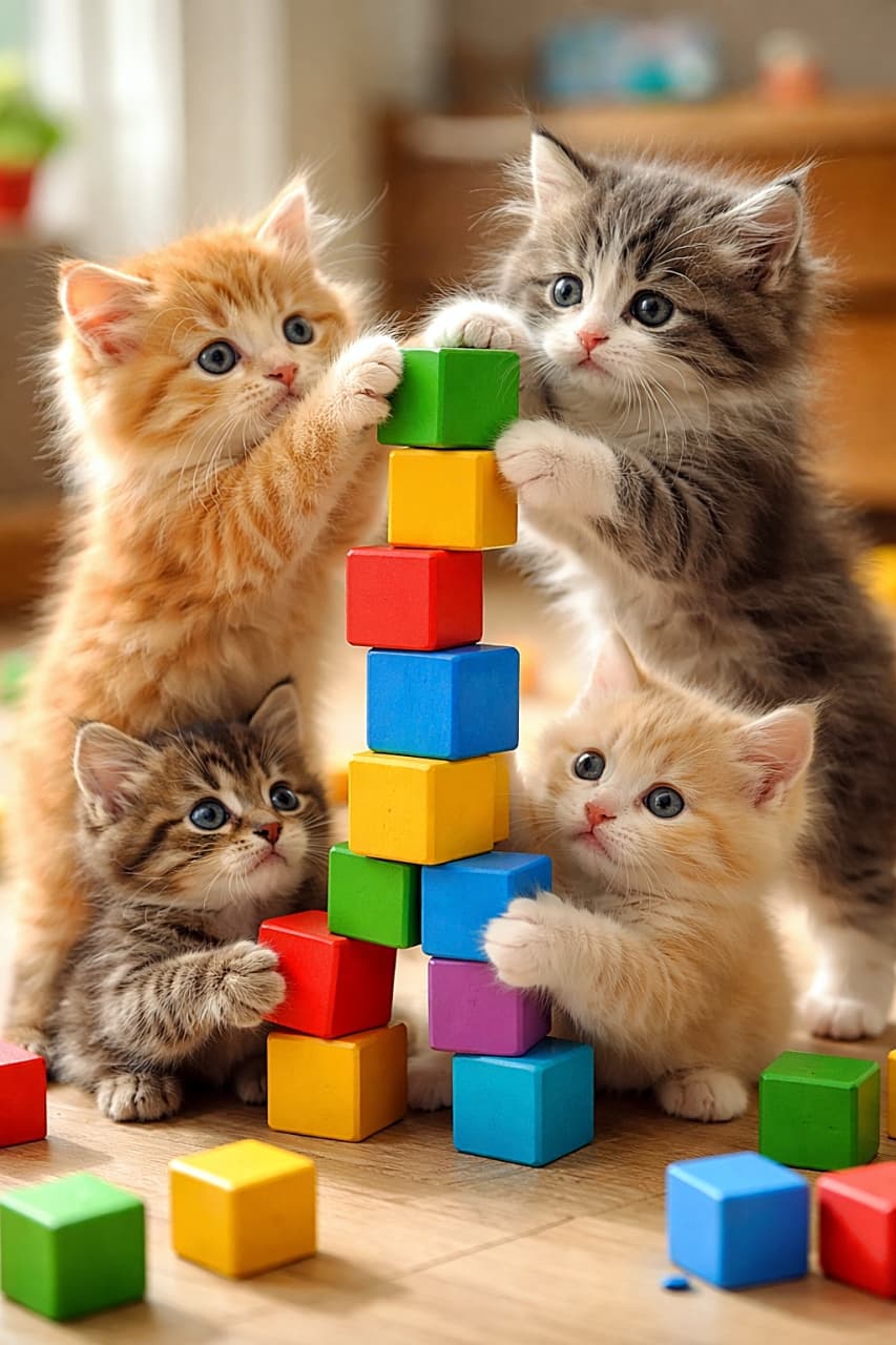 「慎重に…でも手はぷるぷる。子猫たちの全力チームワーク積み木チャレンジ！」Four kittens working together to stack colorful toy blocks into a small tower, captured in a photorealistic, ultra-high-resolution scene. カラフルな積み木を協力して積み上げ、小さなタワーを作る4匹の子猫たちのフォトリアルな高解像度画像