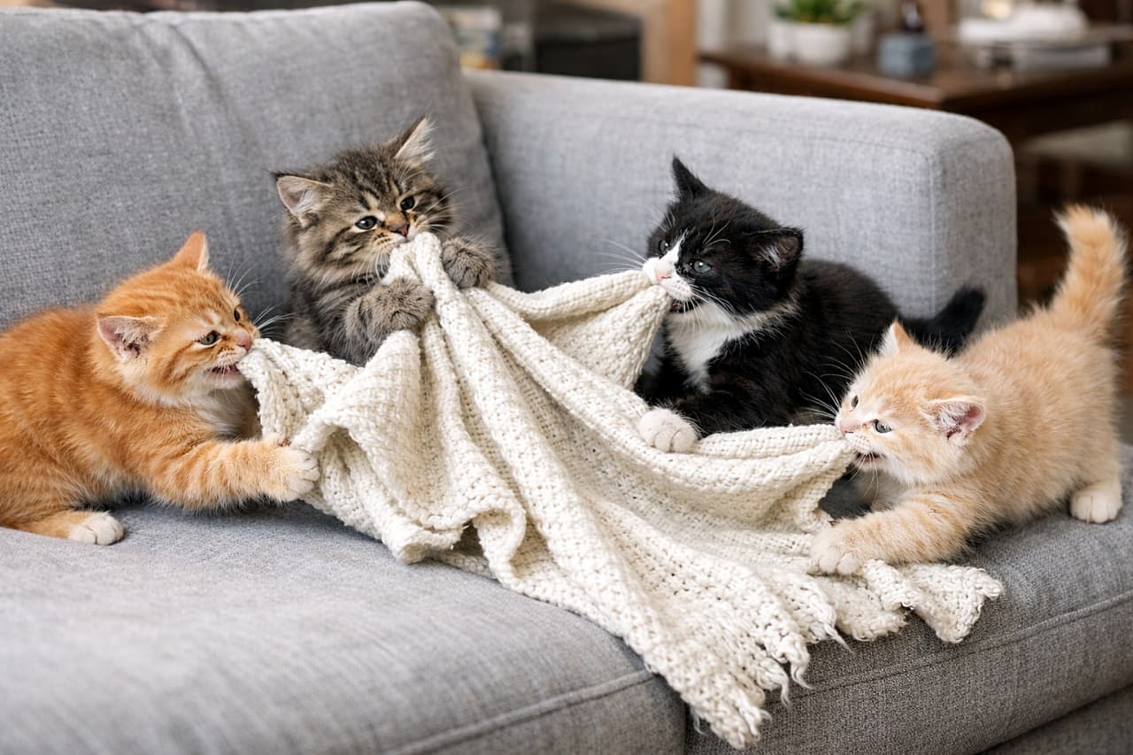 「みんなで引っぱれ！ブランケット争奪戦は今日も平和で大騒ぎ。息ぴったり（？）な子猫チームの大作戦🐾」Five kittens playfully pulling a knitted blanket on a gray couch, each grabbing it with paws or mouths in lively teamwork. グレーのソファの上で、5匹の子猫が前足や口を使って編みブランケットを引っ張り合い、楽しそうに協力している様子