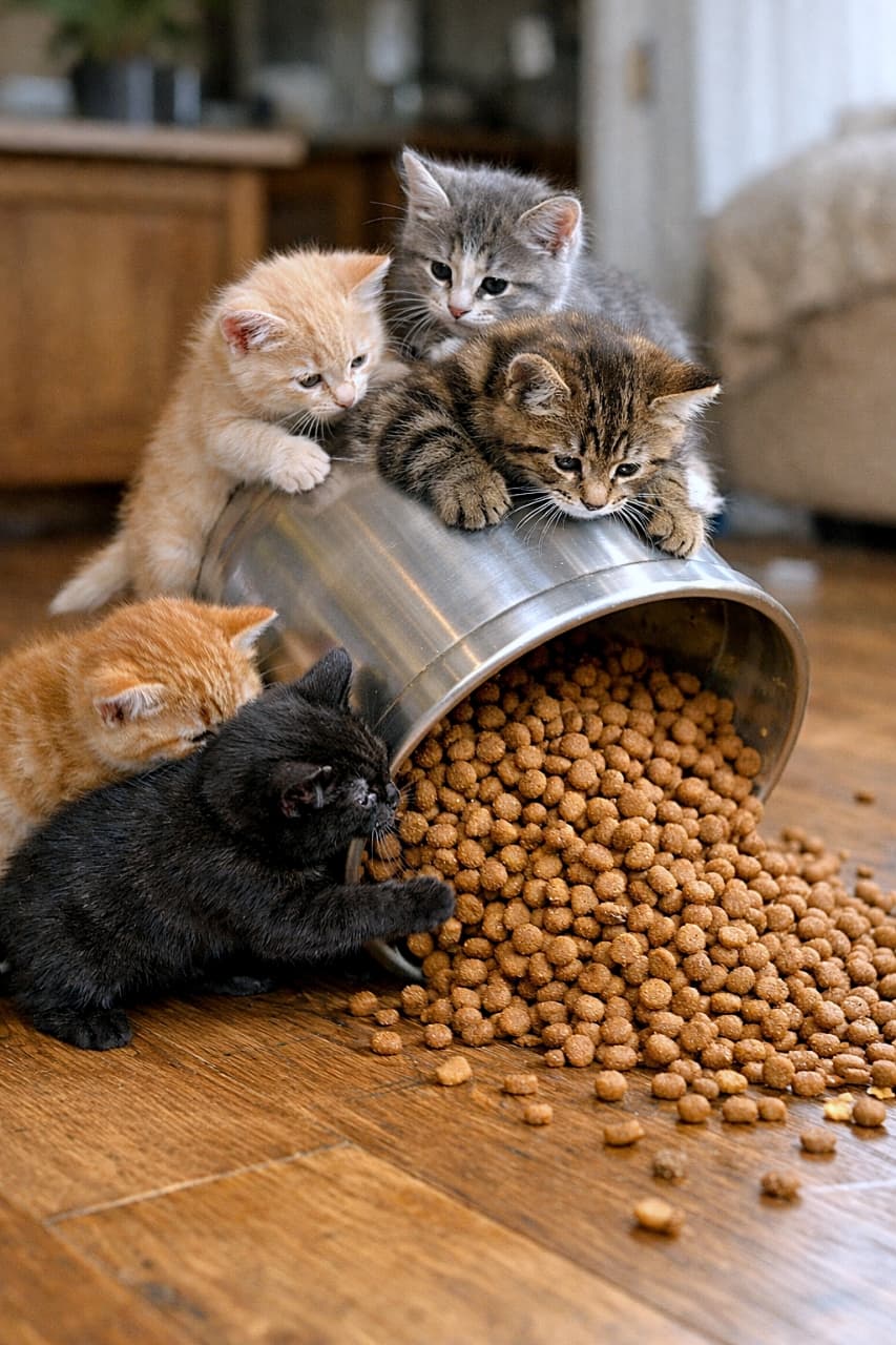 「慎重に…でも手はぷるぷる。子猫たちの全力チームワーク積み木チャレンジ！」Four kittens working together to stack colorful toy blocks into a small tower, captured in a photorealistic, ultra-high-resolution scene. カラフルな積み木を協力して積み上げ、小さなタワーを作る4匹の子猫たちのフォトリアルな高解像度画像