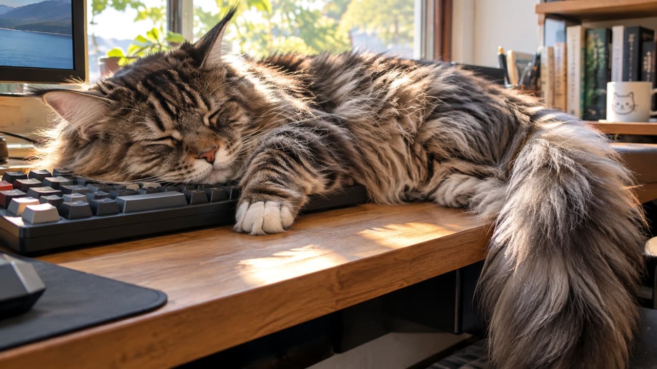 「「ここが一番暖かい場所なのニャ☀️」モフモフのボリューム感に最高の癒やし🐾 #大型猫 #猫好きさんと繋がりたい」An ultra-realistic high-quality photograph of a large, fluffy Maine Coon cat sleeping deeply across a black mechanical keyboard on a wooden desk, bathed in warm, strong golden-hour sunlight. Its thick fur and bushy tail are beautifully highlighted by the light, with greenery visible through the window in the background. 夕日のような暖かく強い光が差し込む木製デスクで、大きなメインクーンの成猫が、黒いメカニカルキーボードの上で横たわって深く眠っている。ふさふさの長い尻尾と厚い被毛が光に透け、背景には窓越しの緑が見える
