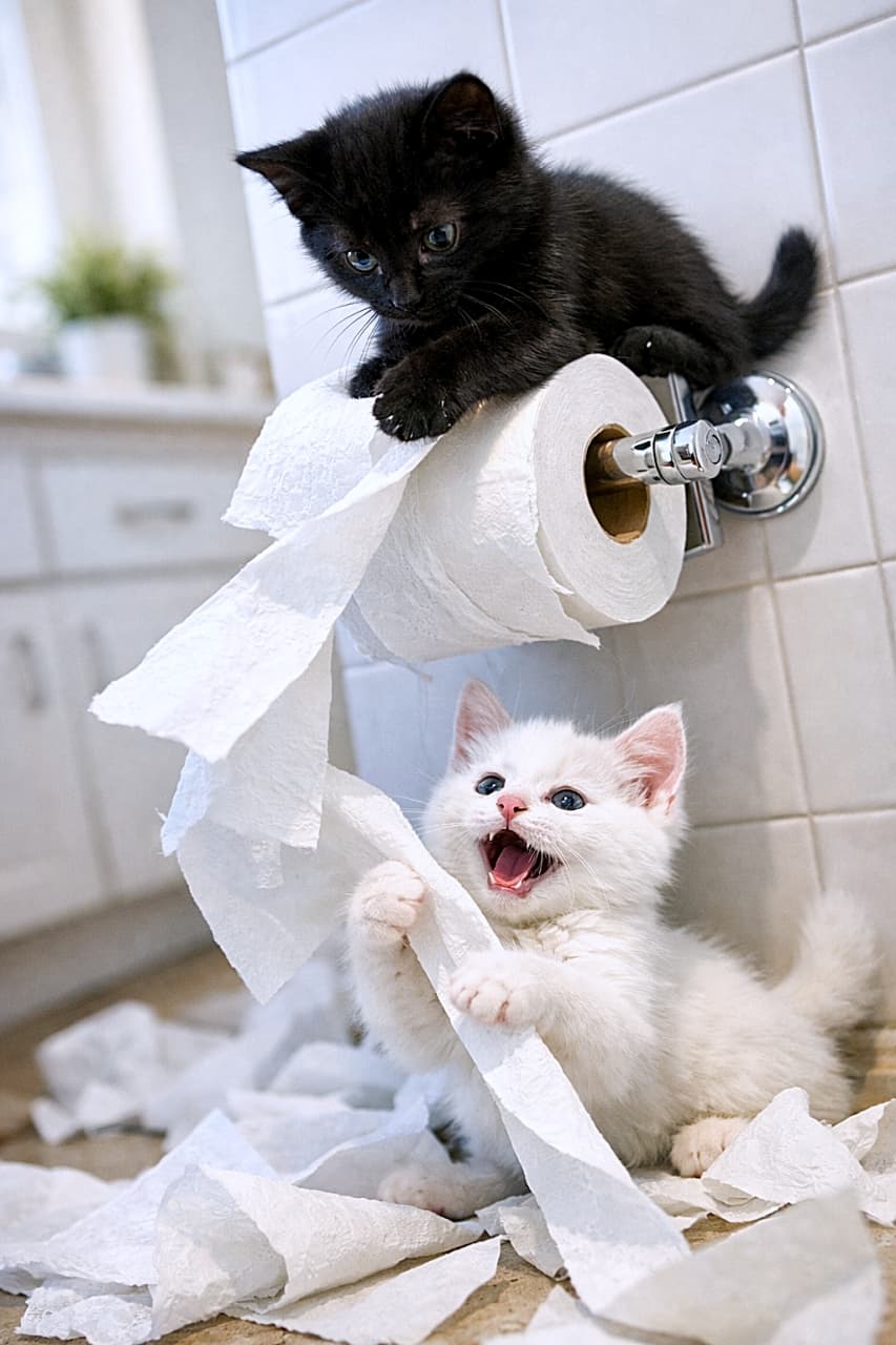 「黒と白、最強コンビ結成！気づけばトイレットペーパーが大惨事🐾」Two mischievous kittens, one black and one white, unrolling toilet paper together in a bright, clean bathroom, captured in a dynamic, photorealistic shot. 明るく清潔なバスルームで、黒猫と白猫の子猫2匹が協力してトイレットペーパーを引き出して遊んでいる様子