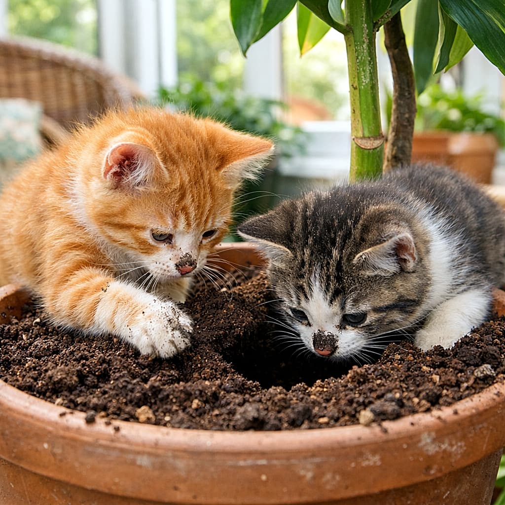 「「ここに宝物あるかも？」真剣すぎる子猫コンビの共同発掘作業🐾」Two playful kittens digging together in the soil of a large potted plant in a bright sunroom, with dirt smudges on their noses, photorealistic and funny. 明るいサンルームで、大きな鉢植えの土を一緒に掘る2匹の子猫。鼻に土がついた、写真のようにリアルでユーモラスな光景