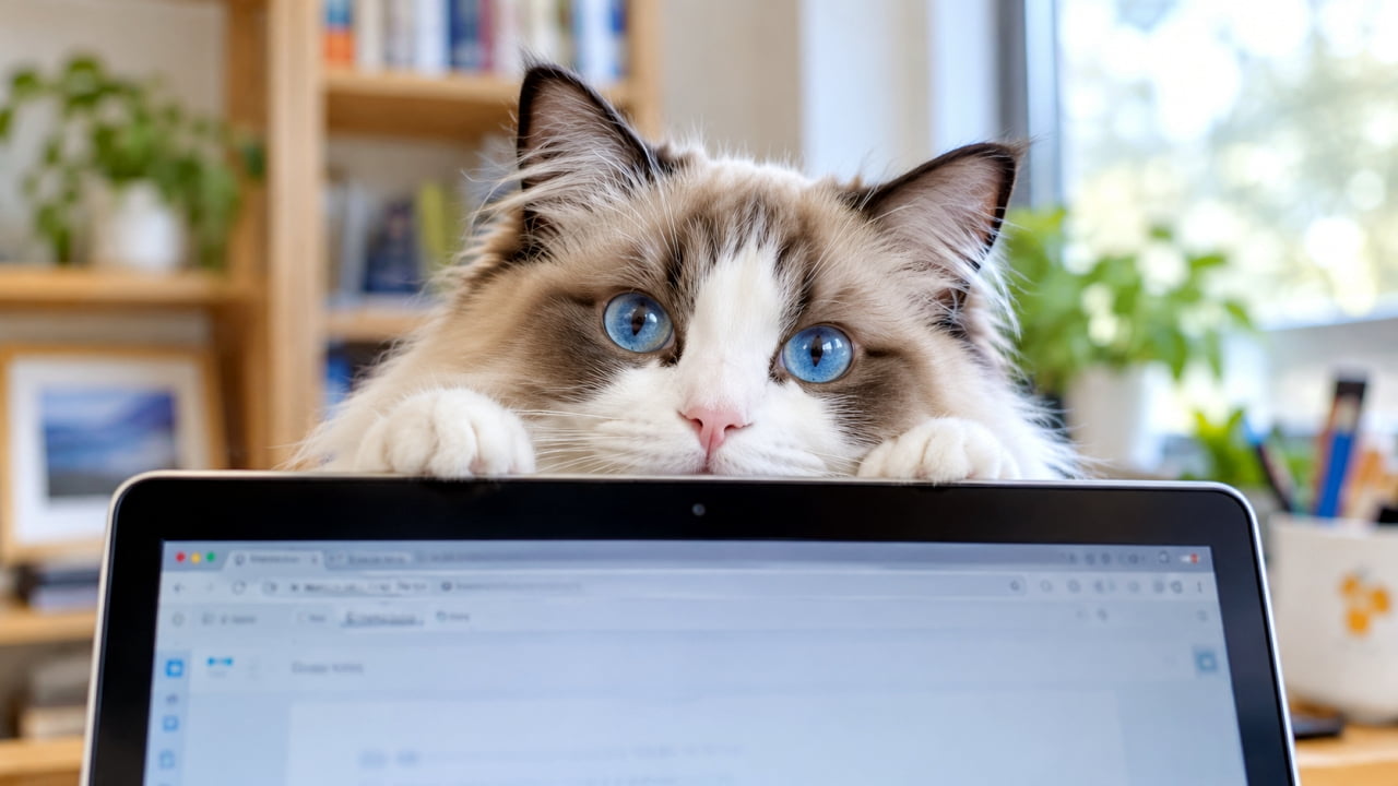 「「お仕事ばっかりしてないで、僕と遊ぶ時間ニャ🐾💙」画面越しのアピールに降参間違いなし💻 #猫のいる生活」An ultra-realistic high-quality photograph of a Ragdoll cat with beautiful sapphire-blue eyes peeking over the top of a laptop screen in a sunlit room. It rests its white paws on the edge, with fluffy fur reflecting the light. 明るい日差しが差し込む部屋で、美しいサファイアブルーの瞳を持つラグドールが、ノートパソコンの画面上部から顔を覗かせている。白い前足をモニターの縁にかけ、ふわふわの被毛が光を反射している。背景には本棚や観葉植物があり、リラックスした空間が広がる