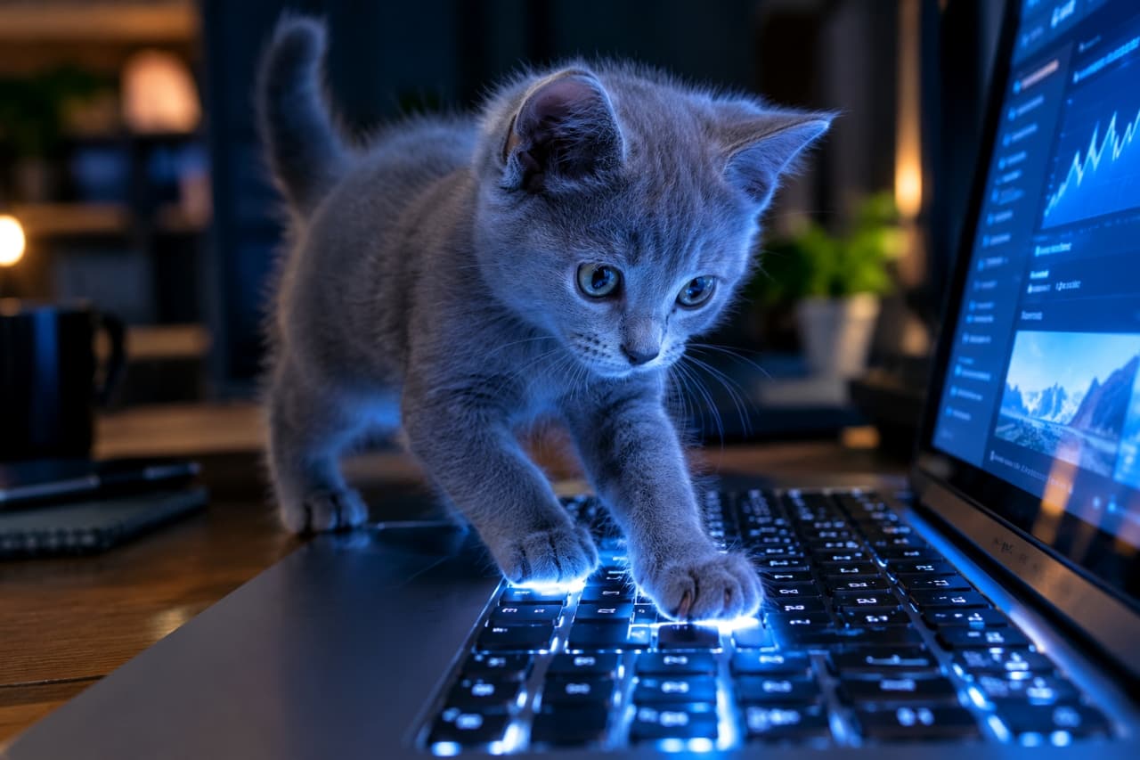 「「深夜のプログラミングは僕に任せて💻🔥」青い光に照らされたクールなITキャット🐾 #夜更かし猫 #猫のいる暮らし」An ultra-realistic high-quality photograph of a curious Russian Blue kitten walking across a blue glowing laptop keyboard in a dimly lit room. The screen's glow beautifully illuminates its focused face, creating a modern, tech-savvy vibe. 薄暗い部屋で、ブルーグレーの美しい被毛を持つロシアンブルー風の子猫が、青く発光するノートパソコンのキーボード上を歩いている。子猫の真剣な表情がキーボードとモニターの光で青白く照らし出され、近未来的な雰囲気を醸し出している