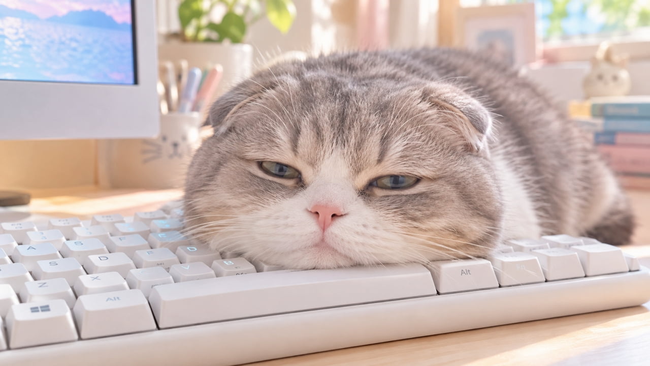 「「今日の業務はもう終了ニャ…💤」キーボードと一体化する達人級のくつろぎポーズ💻🐾 #お昼寝タイム」An ultra-realistic high-quality photograph on a bright pastel desk, featuring a Scottish Fold (silver tabby and white) resting its chin flat on a white mechanical keyboard. It has half-open, sleepy eyes full of charm. Pastel stationery is in the background. パステル調の明るいデスクで、折れ耳が特徴のスコティッシュフォールド（サバトラ白）が、白いメカニカルキーボードの上にペタンとあごを乗せてくつろいでいる。半開きの気怠そうな目が愛嬌たっぷり。背景にはパステルカラーの文房具や可愛らしい小物が並んでいる