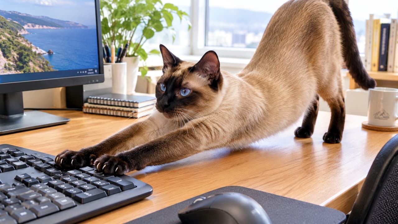「「ずっと座りっぱなしはダメだニャ〜🐾🧘‍♀️」キーボードの上で豪快なストレッチを披露するヨガマスター💻✨ #シャム猫」An ultra-realistic high-quality photograph of a Siamese cat with striking blue eyes performing a deep stretch, placing its front paws on a black keyboard on a wooden desk in a bright office. Its supple muscles and pointed coat glow in natural light. 明るいオフィスの木製デスクで、美しいブルーの瞳を持つシャム猫が黒いキーボードの上に両前足を置き、気持ちよさそうに背中を大きく伸ばしてストレッチしている。しなやかな筋肉とグラデーションの効いた被毛が自然光に映えている