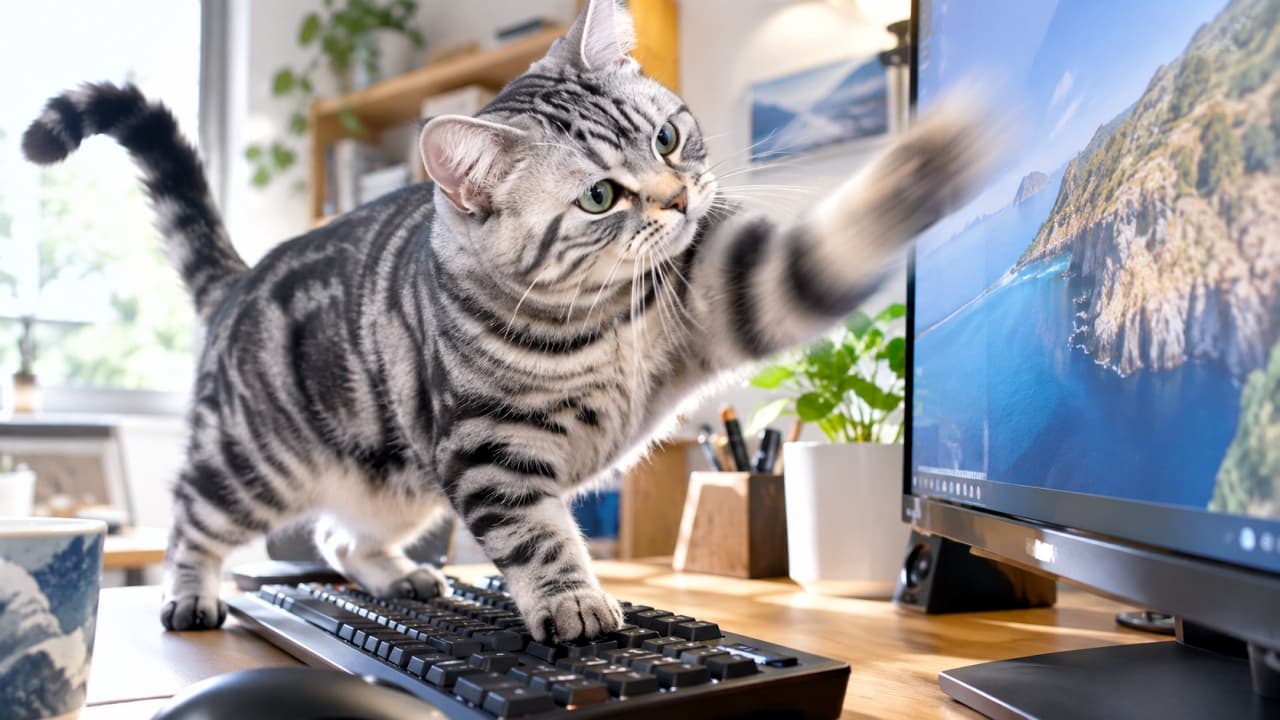 「「画面の中の鳥さん、捕まえてみせるニャ！🐾🔥」モニターに全集中するハンター登場💻 #猫のイタズラ」An ultra-realistic high-quality dynamic photograph of a silver tabby American Shorthair standing on a black mechanical keyboard, stretching its right paw to touch or punch the computer monitor screen with a serious hunter's expression. 明るい部屋の木製デスクで、サバトラ模様のアメリカンショートヘアが黒いメカニカルキーボードの上に立ち、右前足を大きく伸ばしてモニター画面をパンチするように触っているダイナミックな写真。真剣なハンターの眼差しで自然の風景が映る画面を見つめている