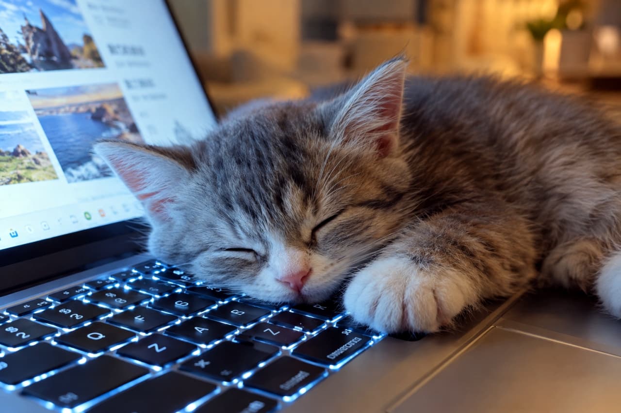 「「夜更かしはお肌に悪いにゃ…🌙」光るキーボードをベッドにするおネムな夜🐾 #夜更かし猫 #猫のいる暮らし #猫好きさんと繋がりたい #猫のいる生活」An ultra-realistic high-quality photograph of a silver tabby shorthair kitten curled up and sleeping on a backlit laptop keyboard in a dimly lit room. The kitten's face and paws are softly illuminated by the blue glow of the keys, and a photo gallery page is visible on the screen. 薄暗い部屋で、サバトラの短毛種の子猫が青く光るバックライト付きのノートパソコンのキーボード上で丸くなって眠っている。子猫の顔と前足がキーボードの青い光に優しく照らされ、画面には写真ギャラリーのようなページが表示されている