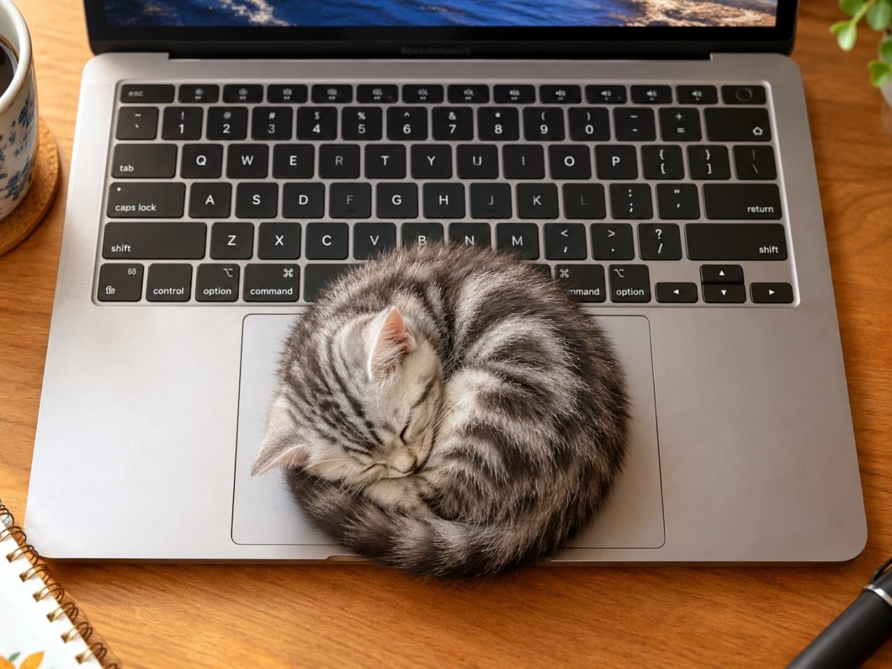 「お仕事は一旦ストップ！💻🚫 トラックパッドを占領して爆睡中の小さな可愛いお邪魔虫さんに癒やされよう🐾✨」Ultra-realistic high-quality photograph of an adorable silver tabby kitten sleeping tightly curled up in a ball on a laptop trackpad on a wooden desk, bathed in soft warm natural light. 木製デスクに置かれたノートパソコンのトラックパッドの上で、シルバータビー（サバトラ）の子猫が1匹、綺麗なアンモナイト状に丸まってぐっすりと眠っています。美しい縞模様のフワフワな被毛と安心しきった表情が、柔らかな自然光の中で緻密に描写された温かみのある情景