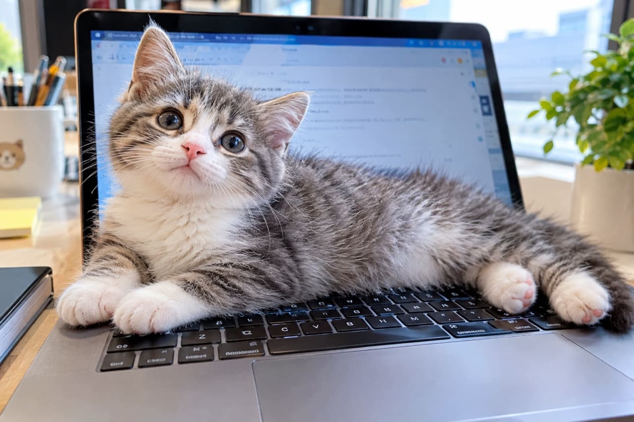 「「僕がこのデスクの新しい責任者だニャ🐾✨」パソコンを完全制圧した誇らしげなベビー上司💻 #猫のいるオフィス」An ultra-realistic high-quality photograph of a silver tabby and white kitten sprawled out on a computer keyboard, blocking the screen. It looks at the camera with an innocent and proud expression against a bright, office-like background. 自然光が入る明るいデスクで、サバトラ白の子猫がノートパソコンのキーボードの上に大きく手足を伸ばして腹ばいになっている。画面を背にして少し見上げるようにカメラを見つめており、背景には窓枠や観葉植物がボケて写っている