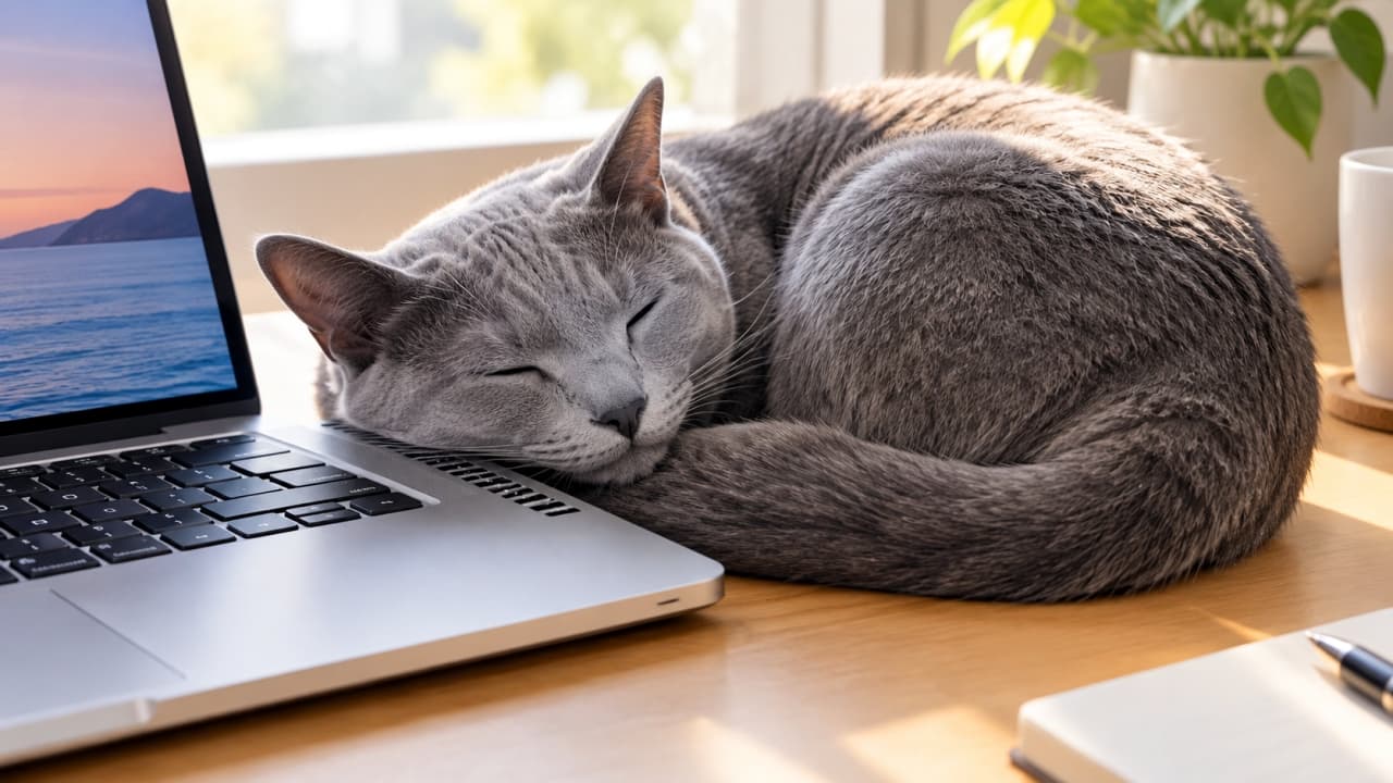 「お仕事お疲れ様。隣で寝ててあげるニャ💤」静かな寝息が聞こえてきそうな最高の癒やし空間💻🐾 #お昼寝猫」An ultra-realistic high-quality photograph of a beautiful solid grey Russian Blue cat sleeping soundly, curled up right next to a silver laptop on a sunlit wooden desk. Its smooth fur reflects natural light, showing a peaceful expression with a houseplant in the background. 明るい日差しが差し込む木製デスクで、美しいグレーの被毛を持つロシアンブルーの成猫が、シルバーのノートパソコンのすぐ隣で丸くなってぐっすり眠っている写真。滑らかな毛並みが自然光を反射し、穏やかな表情を見せている。背景には観葉植物と白いマグカップがある