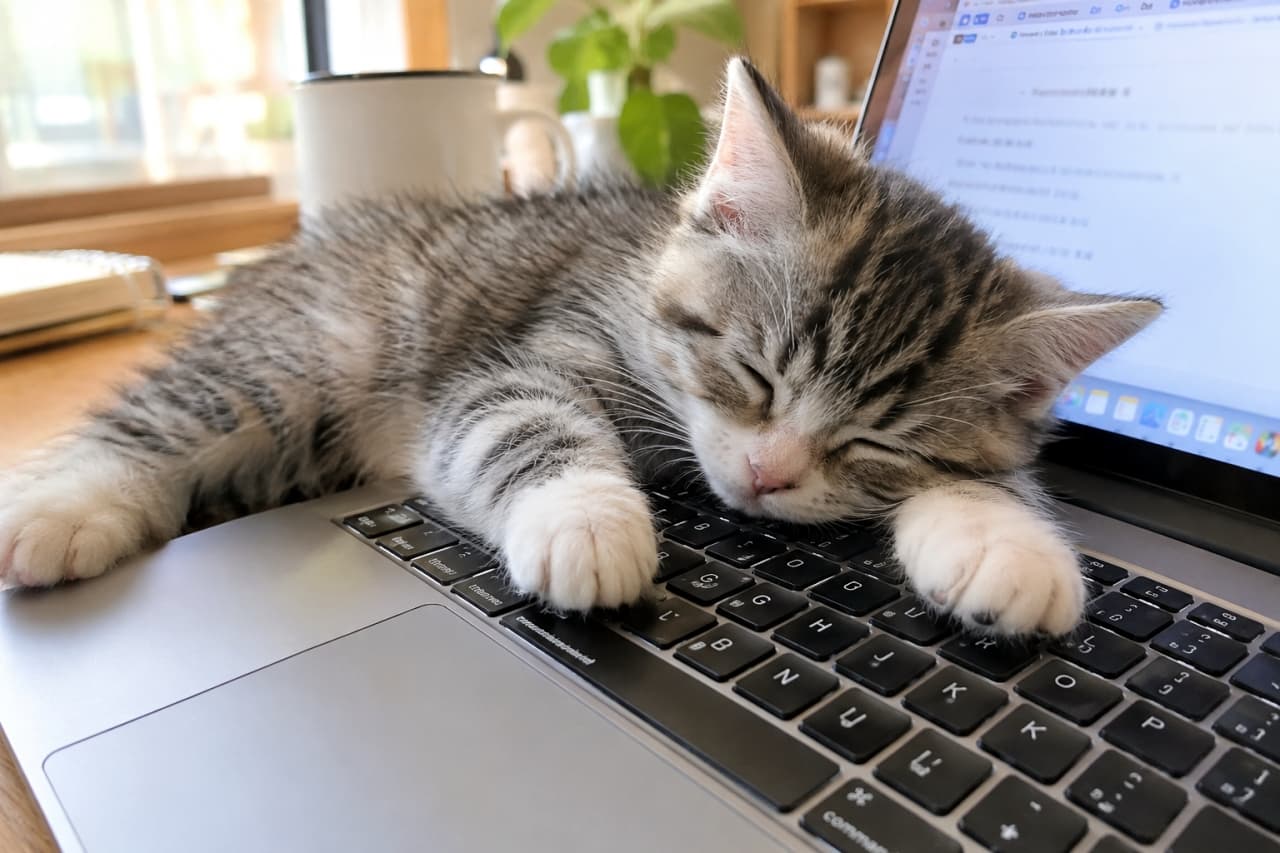 「「タイピングは明日からね💤」パソコンの上が一番のベッドみたい🐾💻 #猫のいる生活 #猫のいる生活」An ultra-realistic high-quality photograph of a silver tabby and white shorthair kitten sleeping soundly on a silver laptop keyboard with its front paws stretched out. The laptop screen displays a document, and houseplants and a white mug are softly illuminated by natural light in the background. 明るい木製デスクで、サバトラ白の短毛種の子猫がシルバーのノートパソコンのキーボード上で両前足を伸ばしてぐっすり眠っている写真。画面にはドキュメントが開かれており、背景には観葉植物や白いマグカップが自然光に照らされている