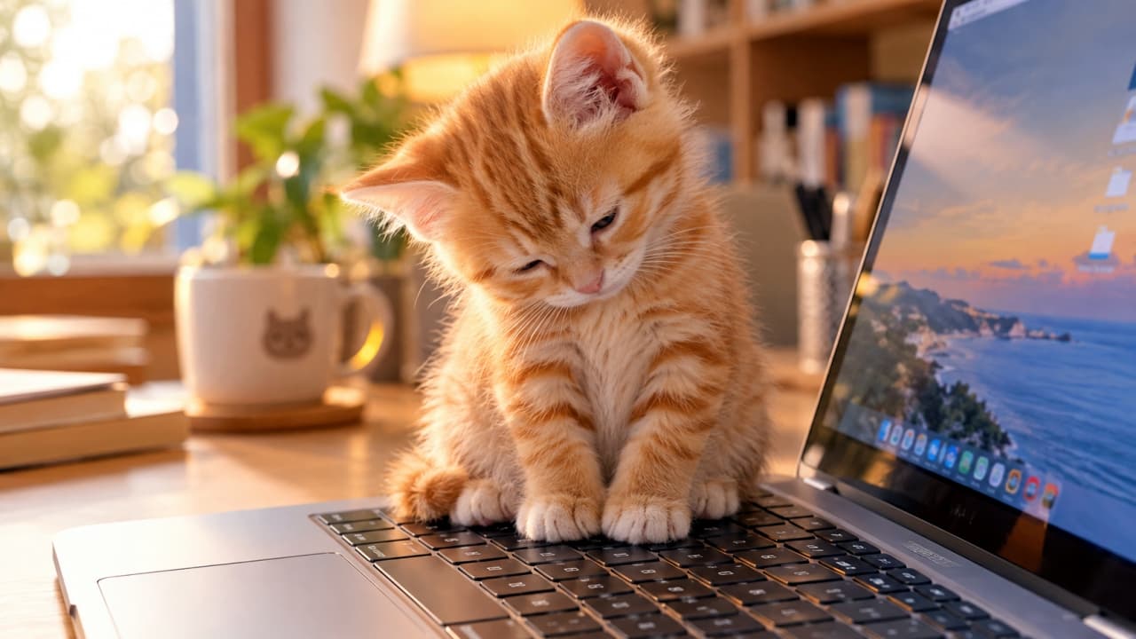 「「あとちょっとだけ頑張る…ニャ…💤」強烈な睡魔と闘う小さな新人スタッフにエールを💻💖 #お昼寝タイム」An ultra-realistic high-quality photograph of an orange tabby kitten sitting on a silver laptop keyboard, looking down sleepily. The fluffy orange fur is beautifully backlit by warm, golden hour sunlight streaming across the desk. 夕暮れの暖かな光（ゴールデンアワー）が差し込むデスクで、茶トラの子猫がシルバーのノートパソコンのキーボードの上にちょこんと座り、うとうとと目を伏せている。ふわふわのオレンジ色の被毛が逆光で美しく縁取られている