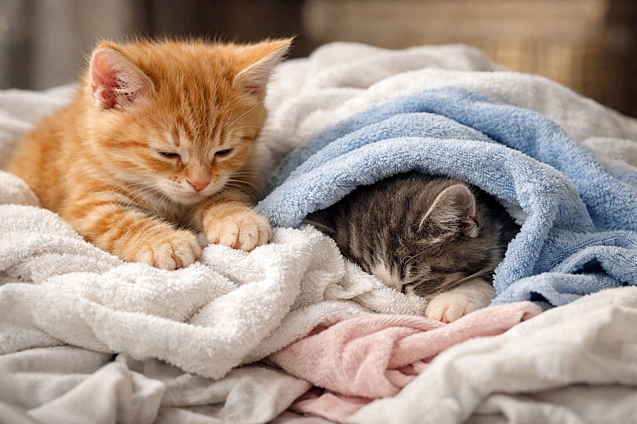 「洗いたては最強の寝床。ふみふみ係と潜り係、完璧な分業制です」Two sleepy kittens cuddle together in a pile of clean laundry, one kneading soft towels while the other burrows in to create a cozy nest, bathed in warm light. 清潔な洗濯物の山で寄り添う2匹の子猫。1匹はタオルをふみふみし、もう1匹は潜り込んで一緒に眠る準備をしている、あたたかく心地よい光景