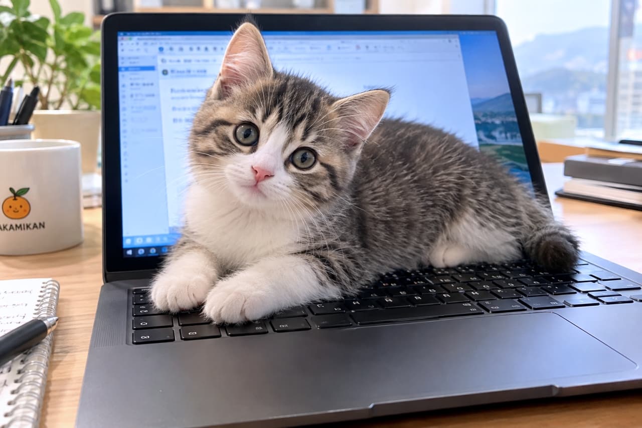 「「今日のお仕事はこれでおしまいニャ！🐾💖」絶対どかない強い意志を感じる可愛いストライキ💻 #猫圧 #猫のいる暮らし」An ultra-realistic high-quality photograph of a tabby and white kitten lying comfortably on a computer keyboard, blocking the laptop screen. It looks up at the camera with an innocent expression in a bright, photorealistic office environment. 明るいオフィスのデスクで、キジトラ白の子猫がノートパソコンのキーボードの上に腹ばいで寝そべり、画面を完全にブロックしている。両前足をキーに乗せ、無垢な大きな瞳でカメラを見上げている。隣にはみかんの絵柄のマグカップが置かれている