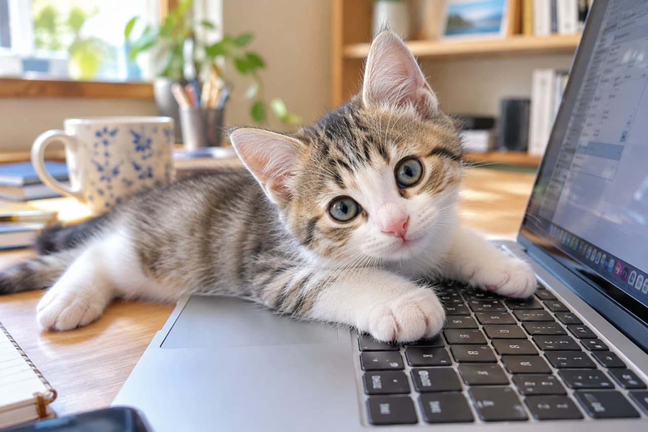 「「僕のタイピングさばき、どうニャ？💻✨」キーボードを陣取ってお仕事を手伝う小さなアシスタント🐾 #猫のいる生活」An ultra-realistic high-quality photograph of a tabby and white kitten sprawled across a laptop keyboard and trackpad on a bright wooden desk, posing as if working with both front paws resting on the device. It looks at the camera with curious round eyes, with a patterned mug and houseplants illuminated by natural light in the background. 明るい木製デスクで、サバトラ白の子猫がノートパソコンのキーボードとトラックパッド部分に腹ばいで覆いかぶさるように寝そべり、両前足を置いて仕事をしているようなポーズをとっている。丸く大きな瞳でカメラを不思議そうに見つめており、背景には模様入りのマグカップや観葉植物が自然光に照らされている