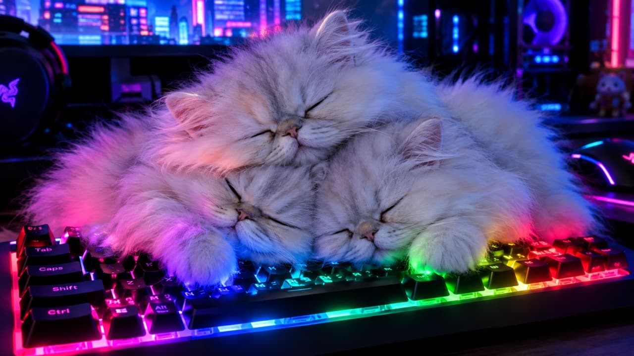 「「激しいバトルの後は、3匹一緒に夢の中へ💤🌈」ゲーマーも癒やされる最高のヒーリングタイム🐾 #ゲーミング猫」An ultra-realistic high-quality photograph of three fluffy white longhair kittens (Persian style) huddled together and sleeping deeply on an RGB glowing mechanical keyboard. The dark room is illuminated by cyberpunk-style neon pink, purple, and blue lights. サイバーパンク風のネオンカラー（ピンク、紫、青）に照らされた暗い部屋で、3匹のふわふわした白い長毛種の子猫（ペルシャ風）が、RGB発光するメカニカルキーボードの上で身を寄せ合って深く眠っている。背景にはゲーミング周辺機器が配置されている