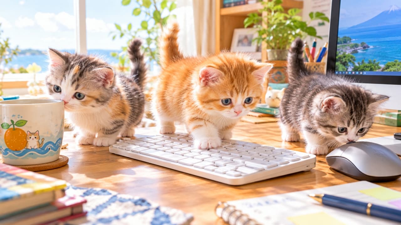 「「みんなで協力してお仕事進めるニャ！🐾🔥」賑やかなちびっこ探検隊がデスクを完全制圧💻✨ #多頭飼い」An ultra-realistic high-quality photograph of three tiny Munchkin kittens exploring a sunlit desk. On the left, a calico-tabby mix peeks at a mug; in the center, an orange tabby walks across a white low-profile keyboard; on the right, a silver tabby sniffs a silver mouse. 太陽の光が降り注ぐデスクを3匹の小さなマンチカンの子猫が探検中。左では三毛柄のサバトラがマグカップを覗き込み、中央では茶トラ白が白い薄型キーボードの上を堂々と歩き、右ではサバトラがシルバーのマウスの匂いを嗅いでいる、活気あふれる情景