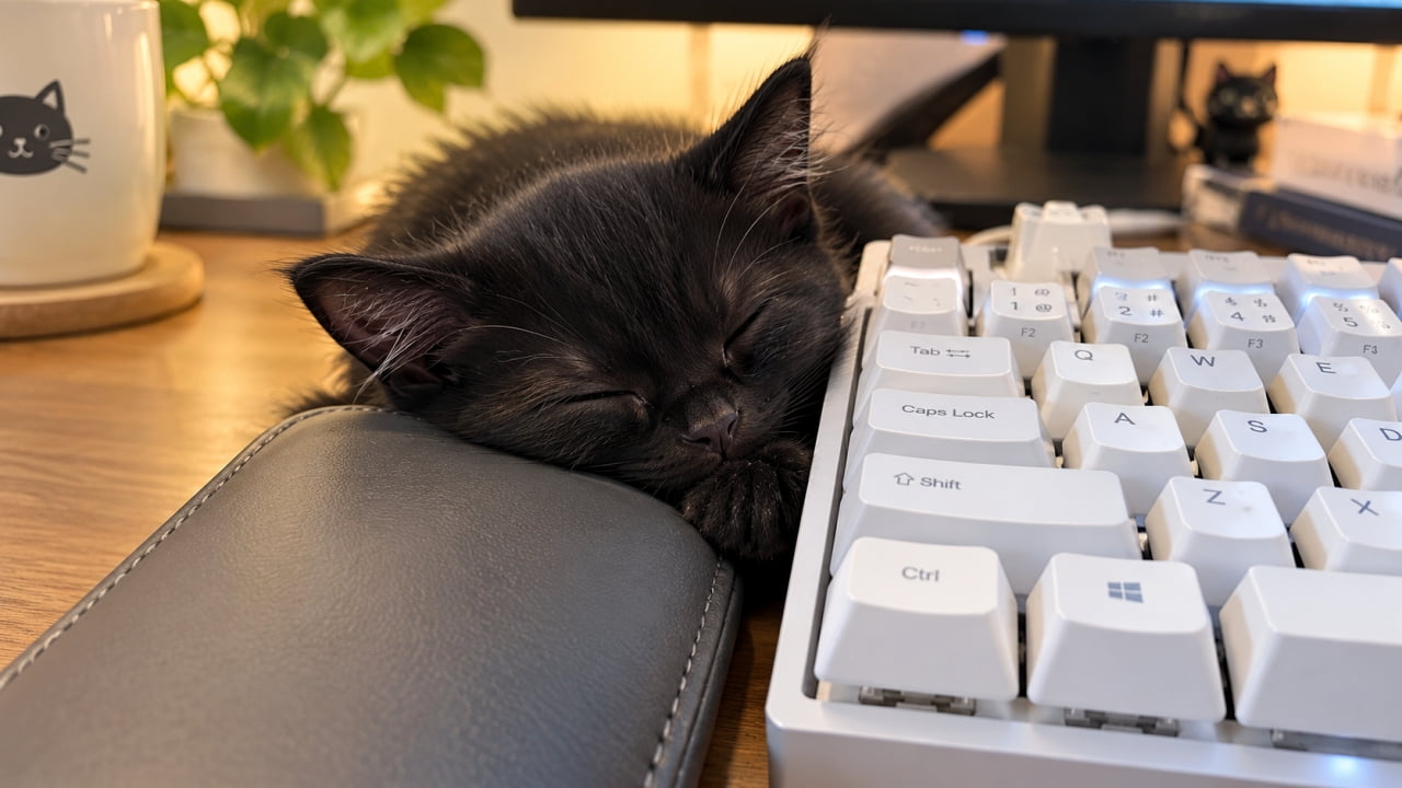 「「小さなお手伝いさんは夢の中へ…🌙」黒猫ちゃんの無防備な寝顔に癒やし度120%💻🖤 #黒猫部」An ultra-realistic high-quality photograph of a tiny black kitten sleeping deeply, resting its chin on a grey wrist rest next to a white mechanical keyboard under warm desk lighting, emphasizing its small size and peaceful, defenseless face. 暖色系のデスクライトの下で、真っ黒な被毛を持つ非常に小さな子猫が、グレーのリストレストに顔を乗せて深く眠っている。すぐ隣には白いメカニカルキーボードがあり、子猫の小ささと安心しきった無防備な寝顔が強調されている