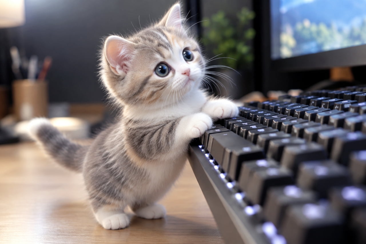 「「僕にもキーボード触らせて！🐾✨」好奇心が止まらない小さなチャレンジャーに癒やされる💻 #猫好きさんと繋がりたい #猫のいる生活」An ultra-realistic high-quality photograph of a tiny tabby and white Munchkin kitten standing on its hind legs on a bright desk, resting its front paws on the edge of a black mechanical keyboard. It looks up towards the monitor with large blue eyes. 明るいデスクで、縞模様と白の被毛を持つ小さなマンチカンの子猫が後ろ足で立ち上がり、黒いメカニカルキーボードの縁に両前足を乗せている。大きな青い瞳でモニター方向を見上げる姿が愛らしい。背景は少し暗めで、被写体である子猫とキーボードの立体感が際立っている