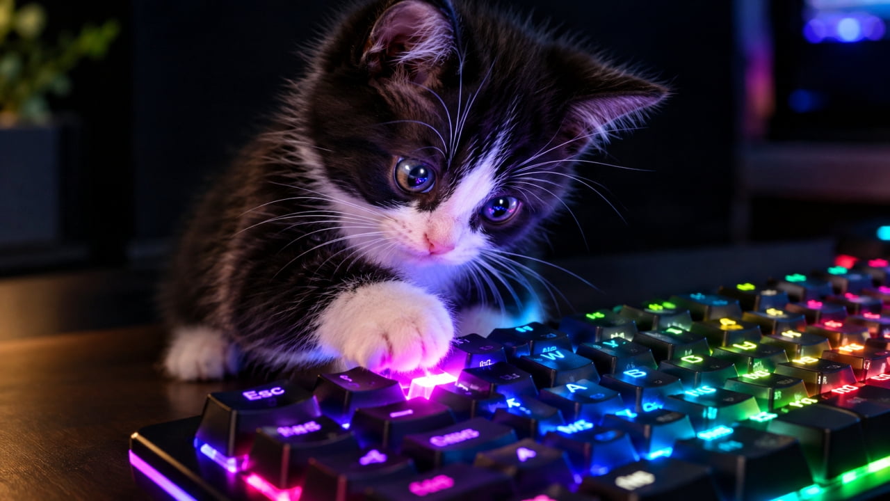 「「この光るボタンを押せば必殺技が出るの？🎮🐾」深夜のゲーミングデスクに現れた小さな勇者💻✨ #ゲーミング猫」An ultra-realistic high-quality photograph of a black and white tuxedo kitten pressing a glowing pink key on an RGB mechanical gaming keyboard with its left paw. Neon lights reflect in its serious eyes in a dimly lit, cyberpunk-style room. 薄暗い部屋で、ハチワレ模様の黒白の子猫が、カラフルに光るRGBゲーミングキーボードのピンク色に発光するキーを左前足でポンと押している。子猫の真剣な瞳にネオンの光が反射し、サイバーパンクな雰囲気が漂っている