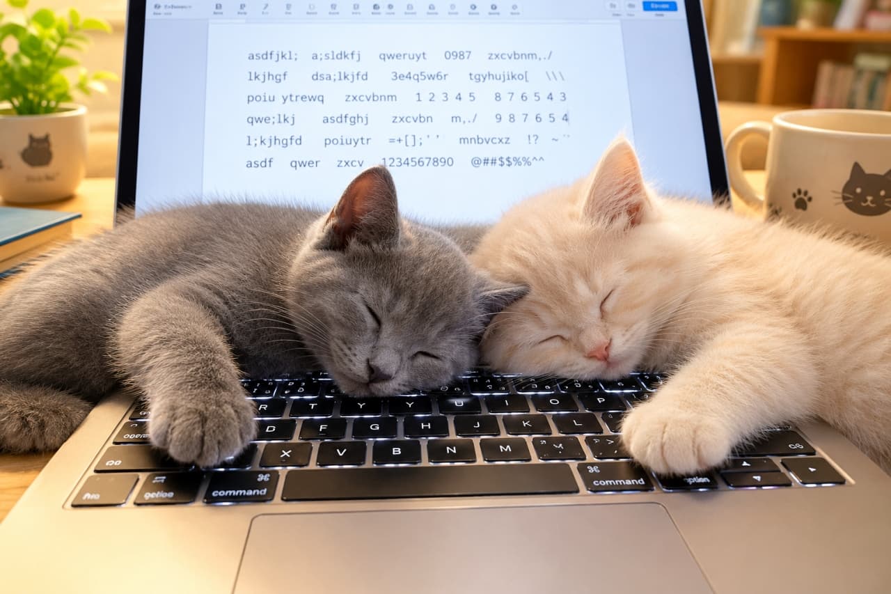 「「謎の暗号を残して夢の中へ…💻🐾」仲良し2匹のお仕事はこれでおしまい💖 #子猫のいる暮らし #猫好きさんと繋がりたい」An ultra-realistic high-quality photograph of two shorthair kittens—one Russian Blue and one light cream—sleeping closely together on a laptop keyboard on a bright desk. The laptop screen behind them displays random typed characters like "asdfjkl;", presumably typed by their paws. 明るいデスク上で、ロシアンブルーの子猫とクリーム色の子猫が、ノートパソコンのキーボードに並んで寄り添うように眠っている。背後の画面には子猫たちが踏んだと思われる「asdfjkl;」などのランダムな文字列がタイピングされている