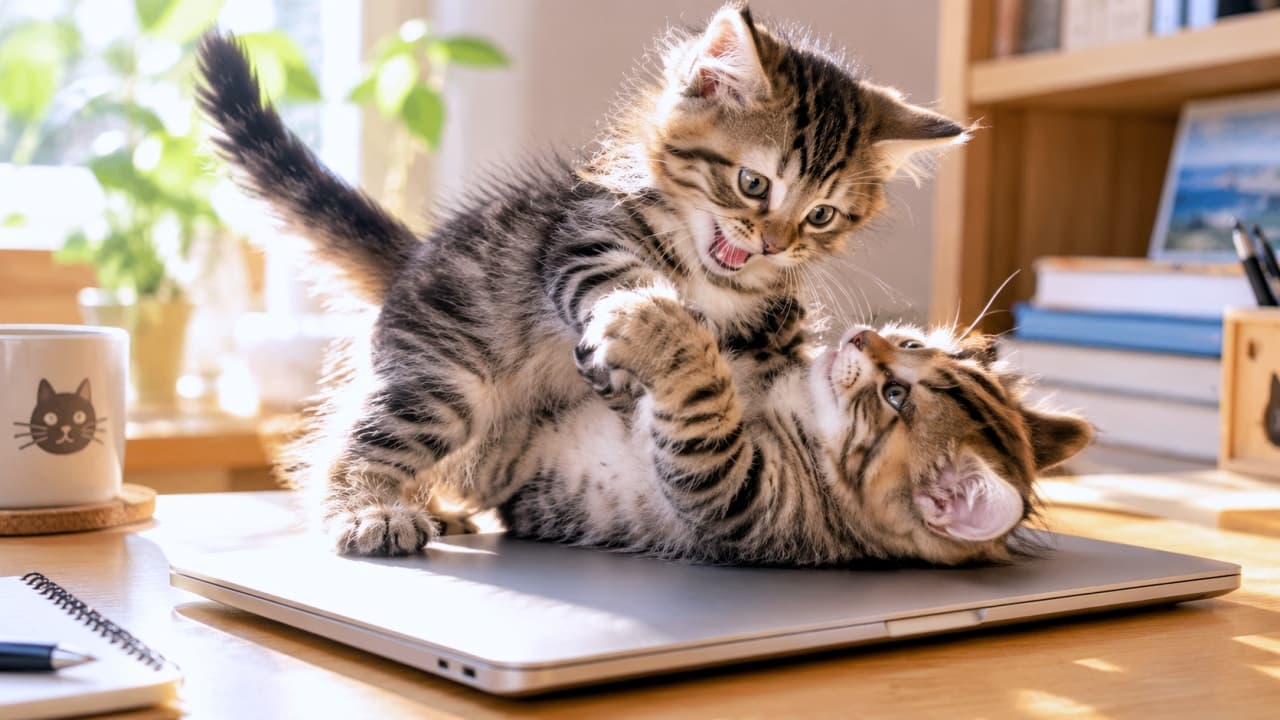 「「PCの上は僕たちのリングだニャ！🐾🔥」元気いっぱいな子猫たちの熱いバトル開幕💻 #子猫のいる生活」An ultra-realistic high-quality photograph on a sunlit desk, where two energetic brown tabby kittens are playfully wrestling directly on top of a closed silver laptop. One kitten is on top with its mouth open, while the other defends playfully below in an energy-filled scene. 明るい日差しが差し込むデスクで、閉じたシルバーのノートパソコンの上で2匹のキジトラの子猫がじゃれ合ってレスリングをしている。上になっている子がやんちゃに口を開け、下の子がそれを受け止めている、エネルギーに満ちた元気なシーン