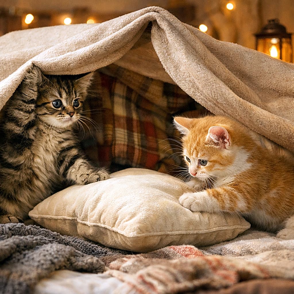 「協力プレイ発動中🐾毛布と枕で遊ぶ子猫たちのかわいいおうち作り♪」Two kittens building a fort with pillows and blankets on a bed, one holding a blanket corner while the other adjusts a pillow, cozy and playful scene. ベッドの上で毛布と枕の要塞を作る二匹の子猫。一匹は毛布の角を持ち、もう一匹は枕を整える、ほっこり遊ぶ光景