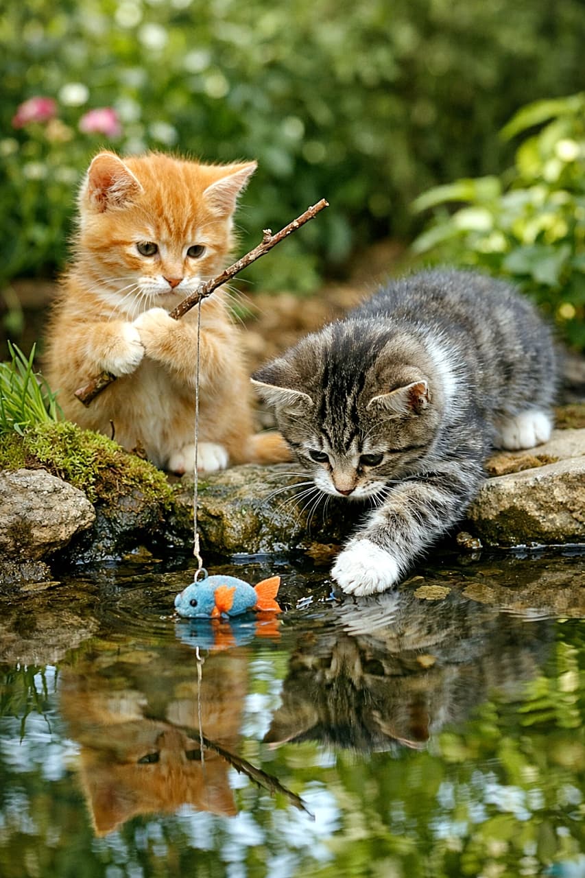 「息ぴったりの子猫コンビ🎣お庭の池でおもちゃ釣りに挑戦中！」Two playful kittens cooperate at the edge of a clear garden pond, one holding a twig like a fishing rod while the other reaches into the water to catch a toy fish, with reflections and lush green surroundings. 澄んだ小さな庭の池のほとりで、枝を釣り竿のように持つ子猫と、水に手を伸ばす子猫が協力しておもちゃの魚を捕まえようとしている様子。水面には緑と子猫たちの反射が映っている