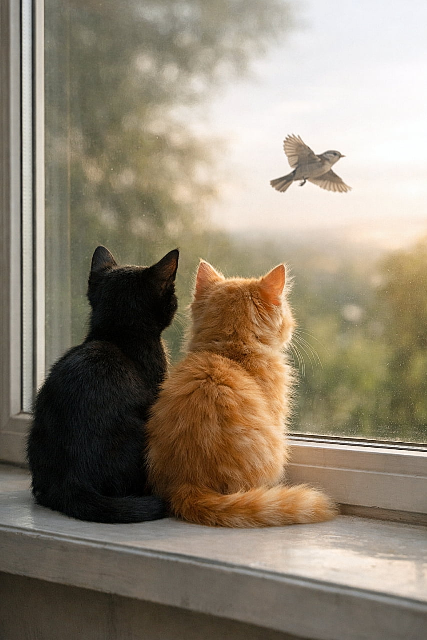 「同じ景色、同じときめき。窓辺でこっそり鳥を追いかける、なかよし兄弟の午後🐾」Two kittens, one sleek black and one fluffy ginger, sitting together on a windowsill, gazing into the distance, with a bird reflected in the window under soft backlighting. 黒い子猫と茶トラのふわふわ子猫が窓辺に並んで座り、同じ方向を見つめる。窓の反射には鳥が映り、やわらかな逆光に包まれている