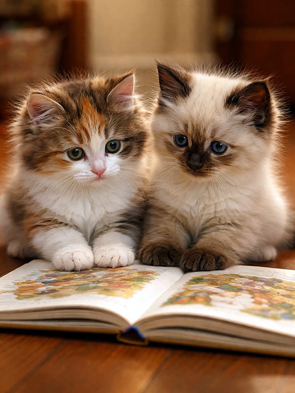 「なかよく並んで絵本タイム📖ページの向こうに広がる、ふたりだけの冒険」Two fluffy kittens, a calico and a Siamese, sitting side by side on a wooden floor, reading an open picture book together under warm indoor light. 木の床の上で、三毛猫とシャム猫のふわふわな子猫2匹が並んで座り、絵本を一緒に読んでいる様子