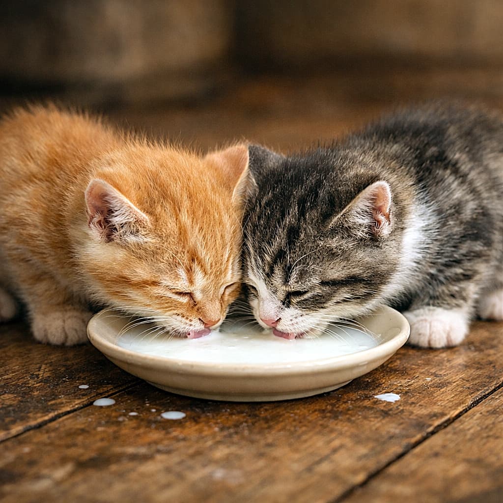 「「半分こ」がこんなに可愛いなんて反則。仲良し子猫のミルクタイムに、心までほっこり🐾」Two tiny kittens drinking milk together from the same ceramic saucer on a rustic wooden floor, their heads almost touching in a heartwarming close-up scene. 素朴な木の床の上で、同じ陶器のソーサーから仲良くミルクを飲む2匹の小さな子猫が、顔を寄せ合う心温まるクローズアップ写真