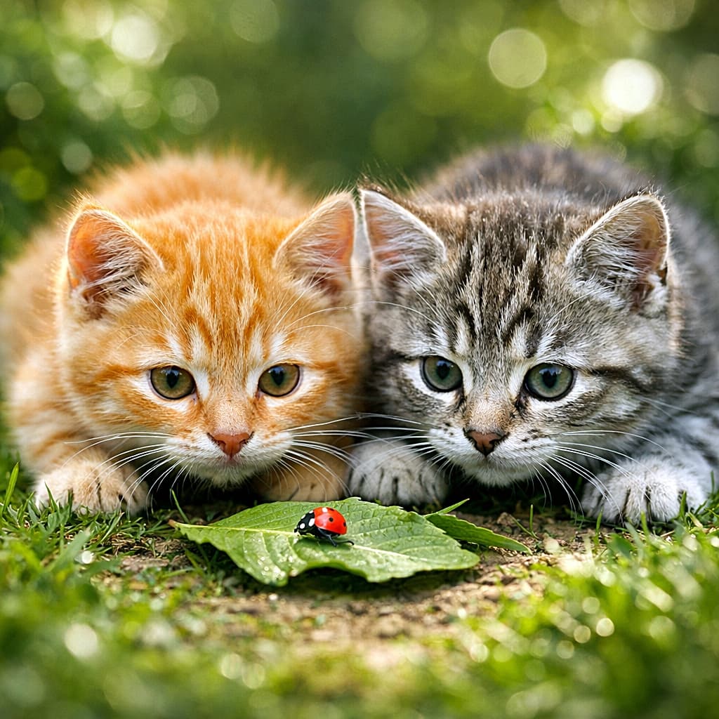 「息ぴったりの子猫コンビ、標的は小さなてんとう虫。この一瞬、かわいさ最大警戒レベル🐾」Two young kittens crouch low in a lush green garden, perfectly synchronized as they stare intently at a ladybug resting on a leaf, captured in vibrant, photorealistic macro detail with a soft bokeh background. 緑豊かな庭で、葉の上のてんとう虫をじっと狙い、息をひそめて身を低く構える2匹の子猫。鮮やかな色彩と美しいボケが印象的なマクロ写真