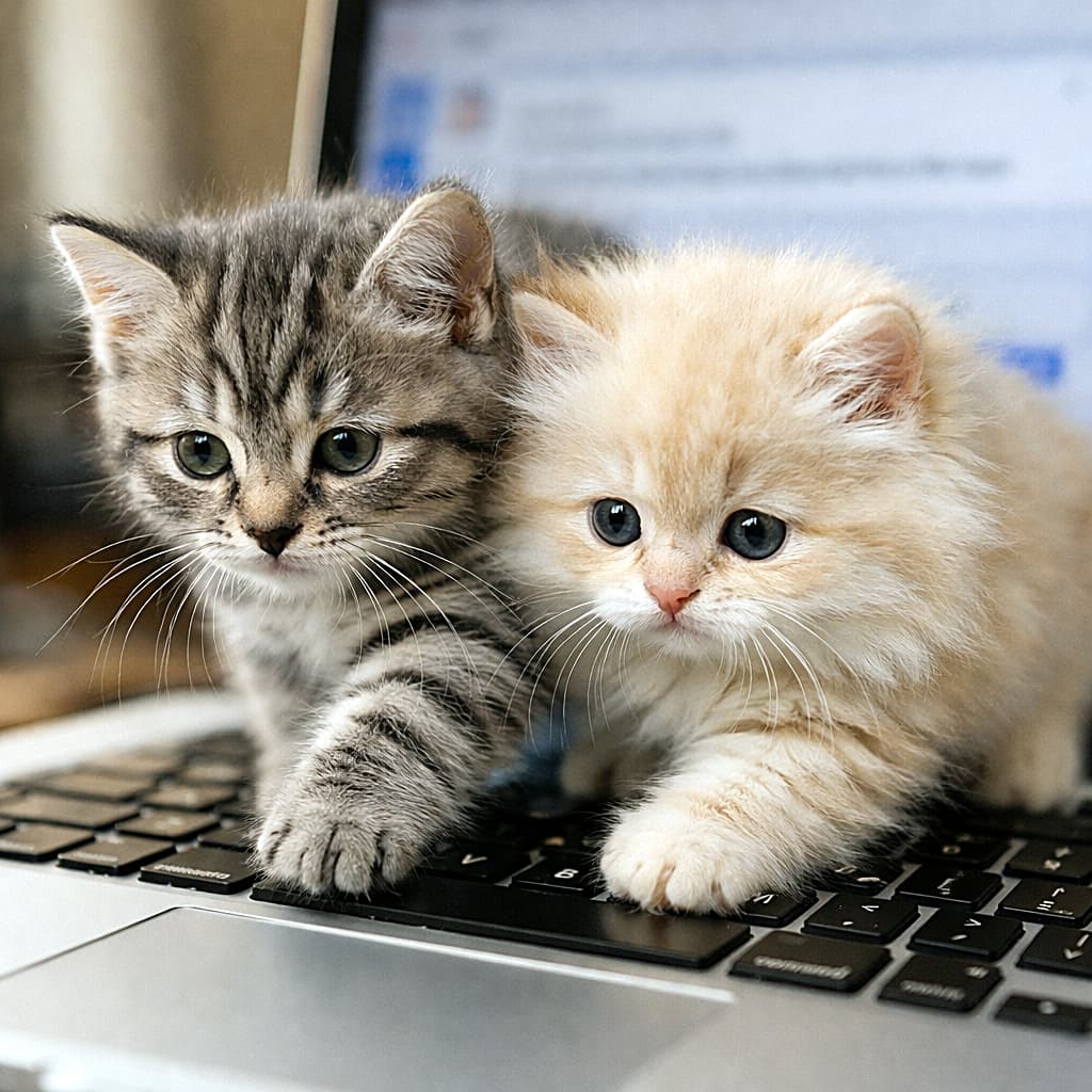 「仲良くキーボード作業中？
ふたりで送る、世界一かわいいメッセージ🐾」Two kittens, a gray tabby and a fluffy Persian, walking together across a laptop keyboard as if typing, with a softly blurred screen in the background. グレーのキジトラ子猫とふわふわのペルシャ子猫が、ノートパソコンのキーボードの上を一緒に歩き、文字を打っているように見える写真