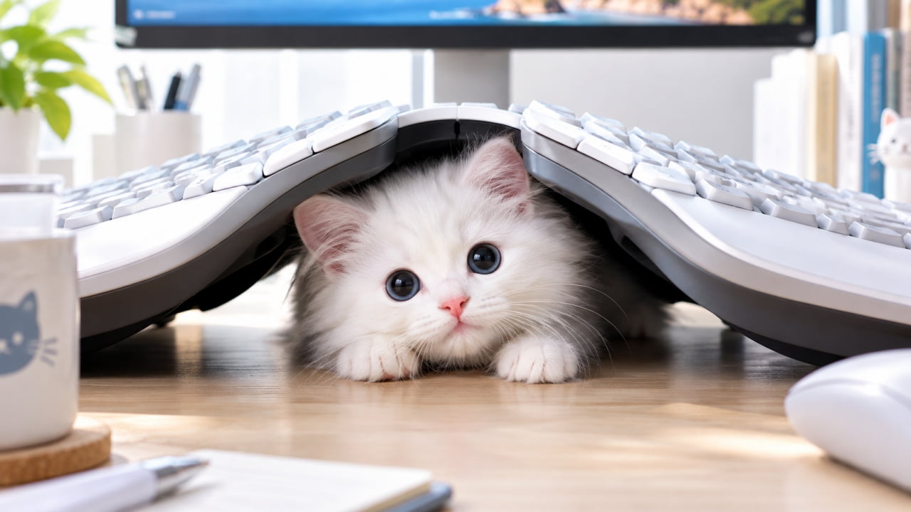「「秘密基地から監視中なのニャ🔍🐾」特殊なキーボードの使い方はこれが正解かも！？💻✨ #白猫部 #猫のいる生活」An ultra-realistic high-quality photograph of a fluffy white longhair kitten with large sapphire blue eyes peeking out from under a white ergonomic split keyboard on a bright wooden desk bathed in soft natural light. 明るい木製デスクで、エルゴノミクスデザインの白い分割キーボードの下から、真っ白でふわふわの長毛種の子猫が顔を覗かせている。大きなサファイアブルーの瞳とピンクの鼻が愛らしく、自然光が全体を柔らかく包み込んでいる