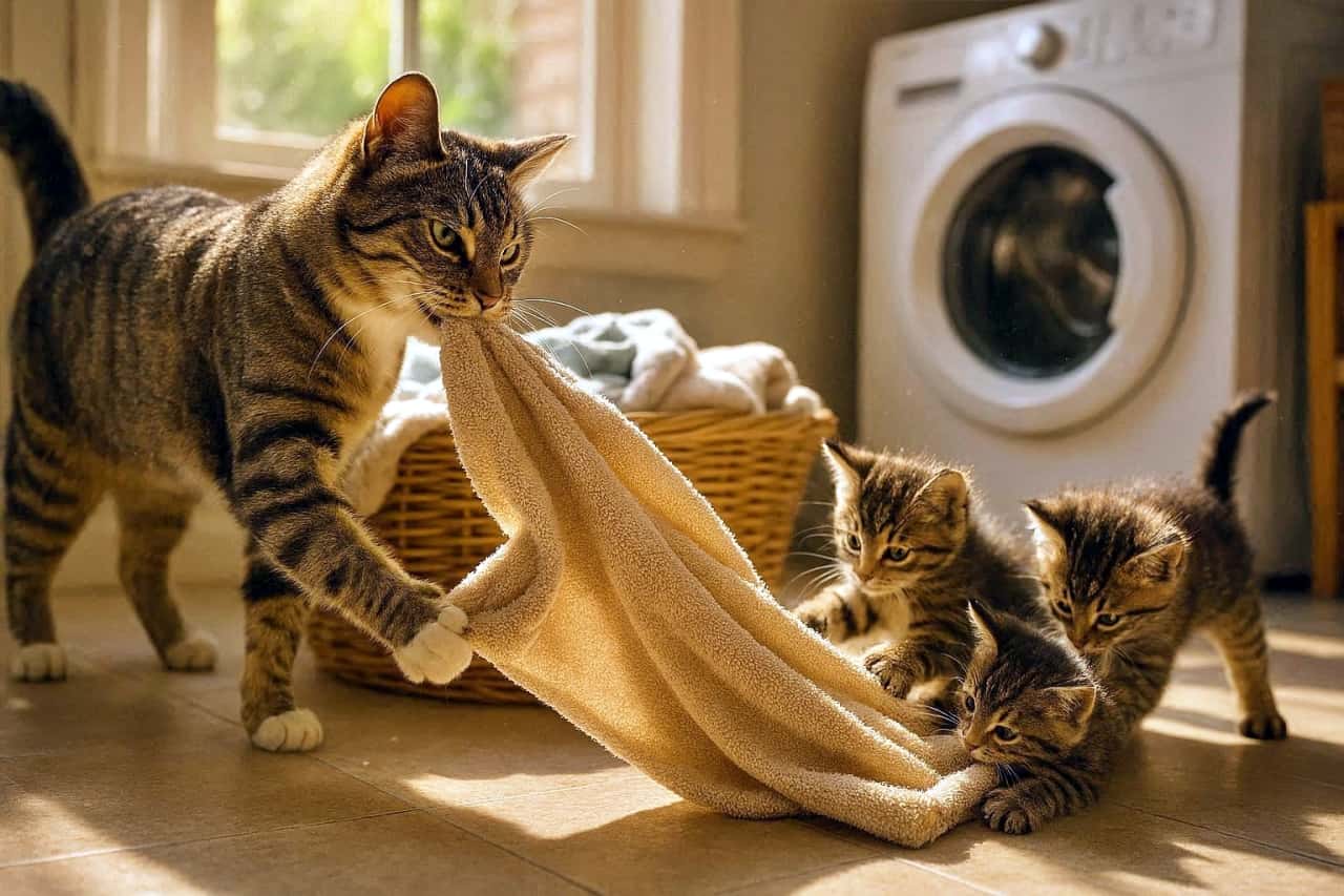 「😸タオル争奪戦！陽だまりで繰り広げる猫家族の大騒ぎ！」Photorealistic image of a mother cat pulling a warm towel from a laundry basket while three playful kittens pounce on it, in a sunlit laundry room with soft textures and dynamic action. 母猫がランドリーバスケットからタオルを引っ張り、3匹の子猫が飛びつく、陽だまりのランドリールームでのフォトリアルな動きある一瞬