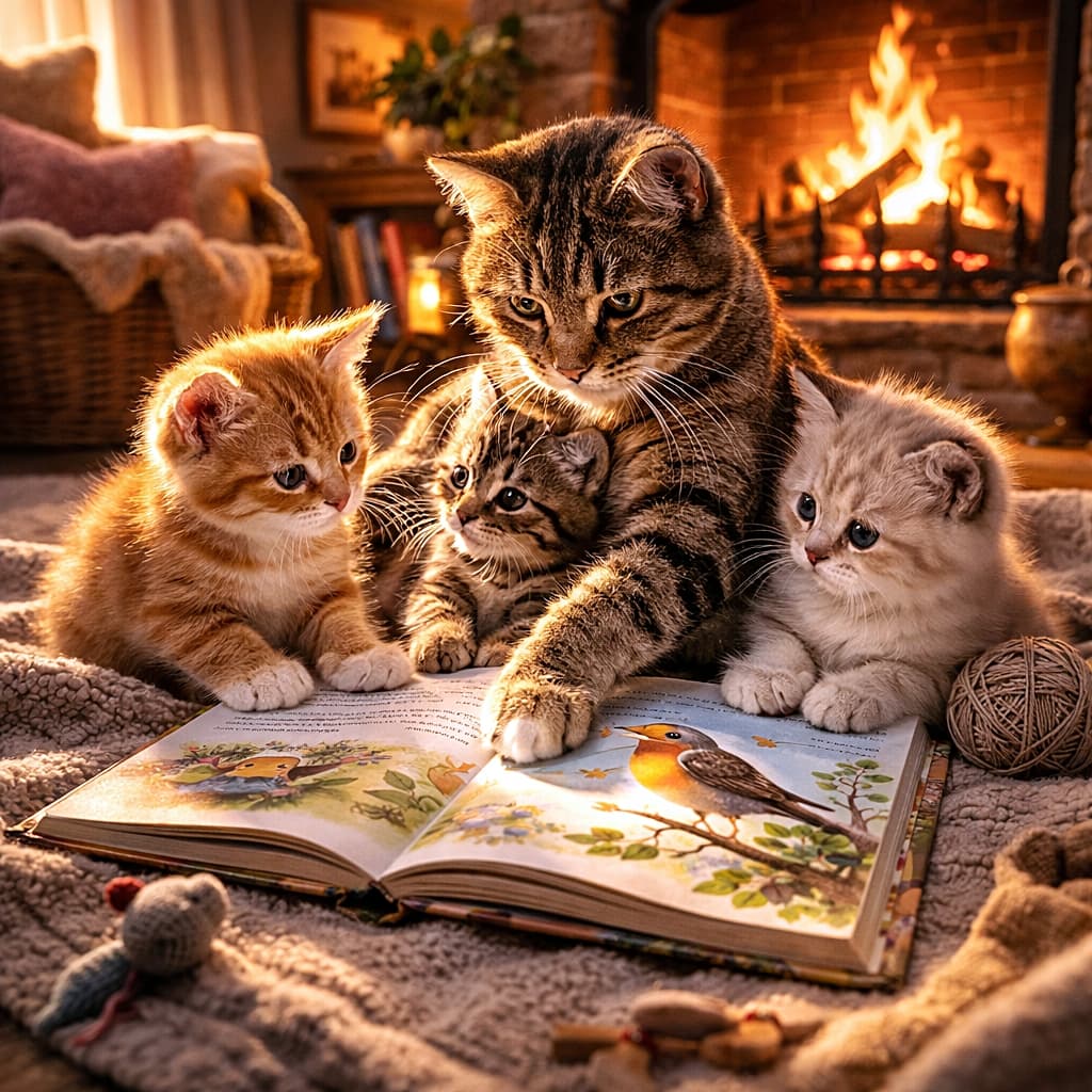 「ぱちぱち燃える暖炉のそばで、今夜もはじまる猫家族の読み聞かせ時間🔥🐱📖」A cozy storytelling scene where a mother tabby cat and her three kittens sit on a blanket by the fireplace, sharing a picture book and enjoying a warm, peaceful moment together. 暖炉のそばでブランケットにくるまり、母猫と三匹の子猫が絵本を囲む、暮らしの温もりを感じる物語のような一場面