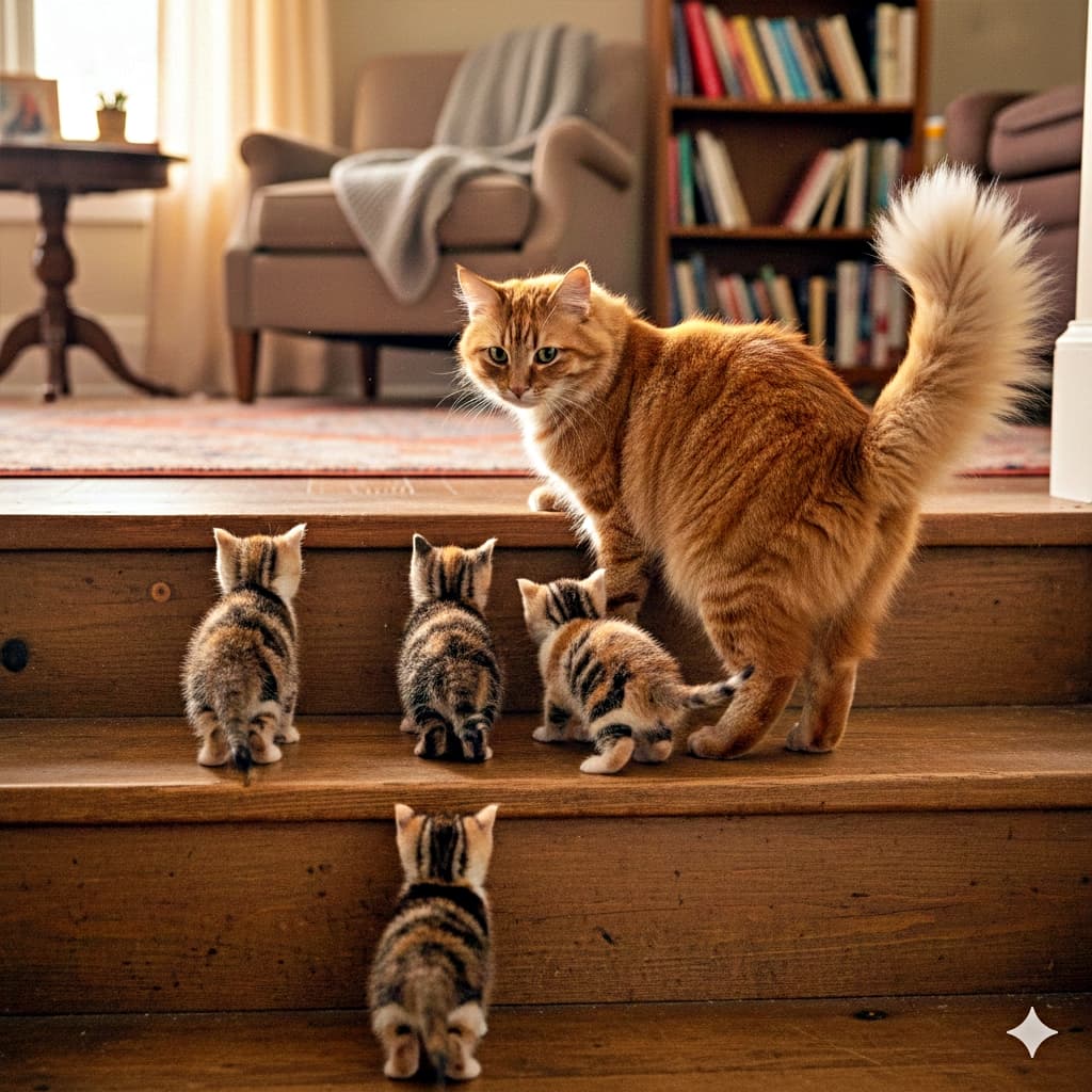 「ママのふさふさ尻尾について行って！「ここを登るのよ」と優しく促す母猫さんと、見上げる子猫たち🐈✨」A low-angle shot of a fluffy, long-haired ginger mother cat with a large bushy tail standing on wooden stairs, looking back at four tiny tabby kittens at the bottom. The kittens look up at their mother, seemingly encouraged by her presence to start their climb in a warm, well-lit home. 木目の美しい階段の下から見上げたアングルで、大きくふわふわした尻尾を持つ長毛の茶トラ母猫が、4匹の小さな子猫たちを振り返って見ている様子。子猫たちは階段の下段に集まり、母猫のふさふさの尻尾を道しるべにするように見上げている、愛らしい光景