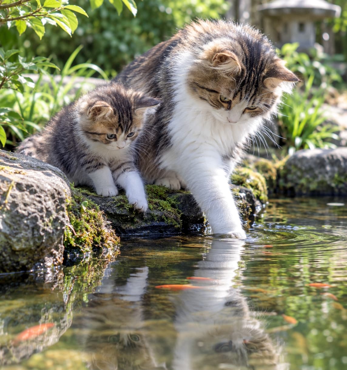 「お水の中に何があるのかな？ママの真似をしてそっと池を覗き込む姿に心がほっこり和みますね🐟🐾」Ultra-realistic high-quality photograph of a long-haired tabby and white mother cat dipping her paw into a calm garden pond, while her small tabby and white kitten sits beside her intently watching and mimicking the motion, with small red fish swimming under gentle water reflections. 苔むした岩が並ぶ静かな庭園の池の縁で、前足を水面に差し入れて波紋を立てる長毛のキジトラ白の母猫と、その隣で身を乗り出し水面を真剣に見つめながら同じように前足を伸ばす幼いキジトラ白の子猫。水面には小さな赤い魚たちと親子の姿が美しく映り込み、自然光がやさしく注ぐ静寂と叙情に満ちた情景