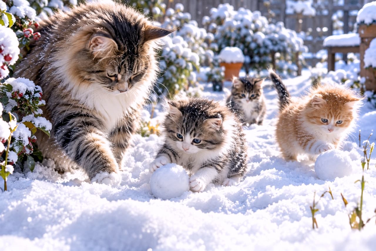 「雪の世界で大はしゃぎ！小さな雪玉を転がして遊ぶ子猫たちとママの姿に心がじんわり温まりますね❄️🐾✨」Ultra-realistic high-quality photograph of a long-haired tabby and white mother cat in a snowy garden softly digging her paw into the snow, accompanied by her three lively kittens—a tabby and white rolling a small snowball, an orange tabby chasing another snowball, and a brown tabby running up from the background—under crisp winter sunlight. 澄み切った冬の陽光が降り注ぐ白雪の庭にて、左側で前足を雪に差し入れやさしく見守る長毛のキジトラ白の母猫と、その前で小さな雪玉を両手で転がすキジトラ白の子猫、右側で尾を立てて雪玉を追いかける茶トラ白の子猫、そして奥から駆け寄るキジトラの子猫。赤いちいさな木の実と雪のコントラスト、フワフワとした毛並みと雪の結晶のディテールが美しく映える情景