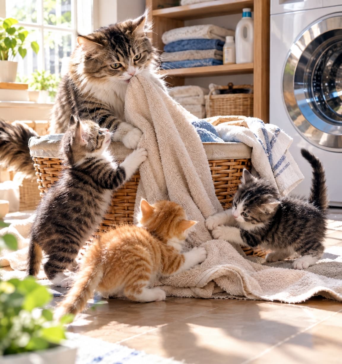 「ふかふかタオルで大はしゃぎ！ママと一緒に「タオル退治」に励む子猫たちの姿に心が和みますね🧺🐾✨」Ultra-realistic high-quality photograph of a long-haired tabby and white mother cat pulling a soft beige towel from a laundry basket, while her three lively kittens—a brown tabby, an orange tabby, and a silver tabby—playfully pounce and grab at the fabric in a sun-drenched laundry room. 陽光がやさしく注ぐ清潔感あふれるランドリールームにて、大きな竹編みかごの中から口でベージュのやわらかいタオルを引き出そうとする長毛のキジトラ白の母猫と、そのタオルに飛びつき一所懸命に前足でつかもうとする3匹の幼い子猫たち（左：立ち上がるキジトラ白、中央手前：背を向ける茶トラ、右：尻尾を立てて飛びつくサバトラ白）。温かい室内光とタオルのふんわりとした質感、猫たちの躍動感が詳細に描かれた情景