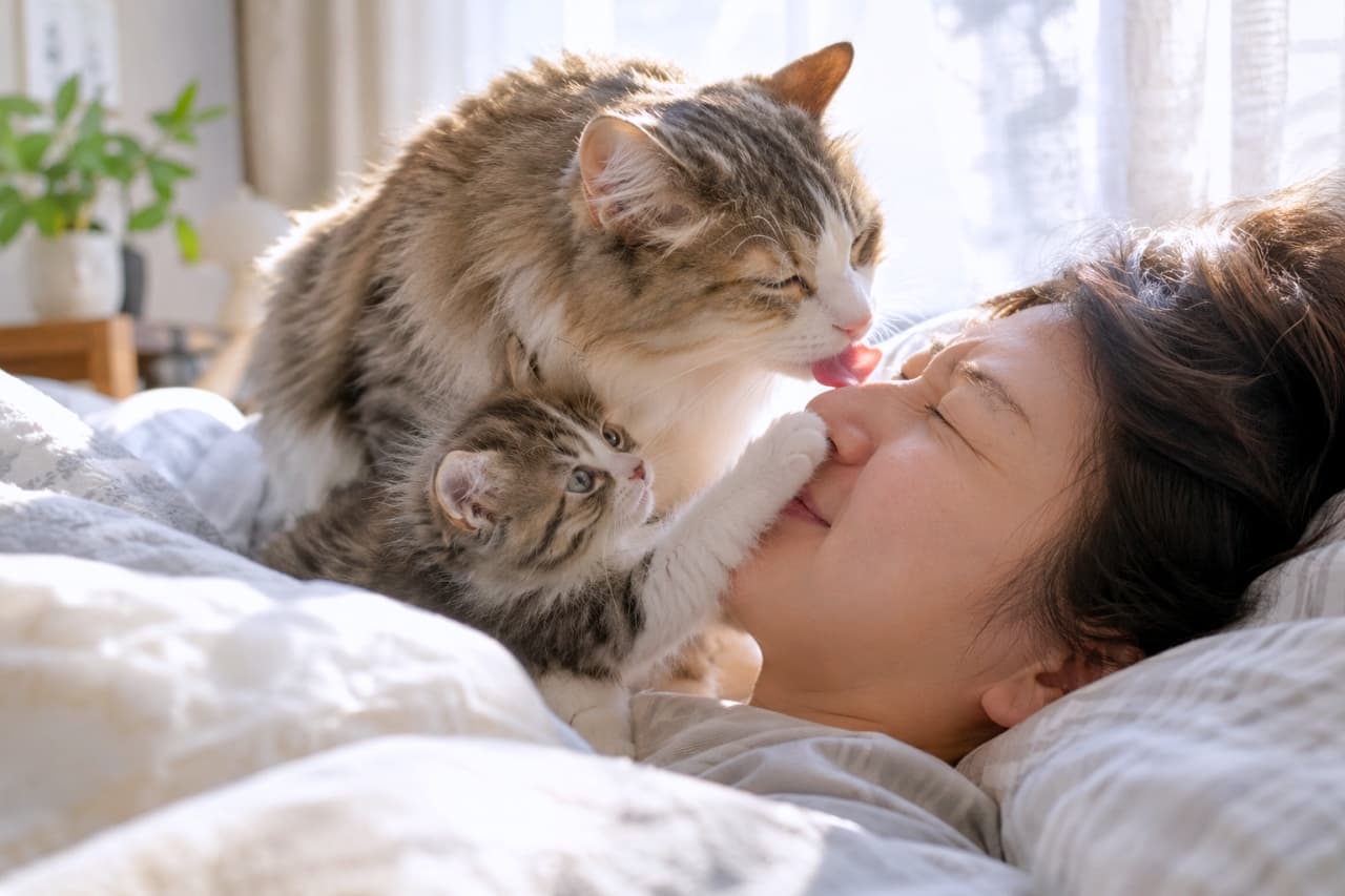 「毎朝こんな風に起こされたら幸せですね！ママと子猫の愛あふれる「目覚まし時計」に心が和みます⏰🐾✨」Ultra-realistic high-quality photograph of a long-haired tabby and white mother cat licking her sleeping owner's face to wake her up, while her small tabby kitten gently bats at her nose with its paw on a cozy bed in soft morning light filtering through curtains. レースのカーテン越しにやさしい朝日が差し込むベッドルームにて、横になって眠る女性の頬や顔を愛情深く舐めて起こそうとする長毛のキジトラ白の母猫と、その前で女性の鼻にそっと前足を添えて優しくつつく幼いキジトラ白の小さな子猫。ふんわりとした布団の質感と猫たちの毛並み、朝の温かい光に包まれた共感と多幸感にあふれるモーニングルーティンの情景
