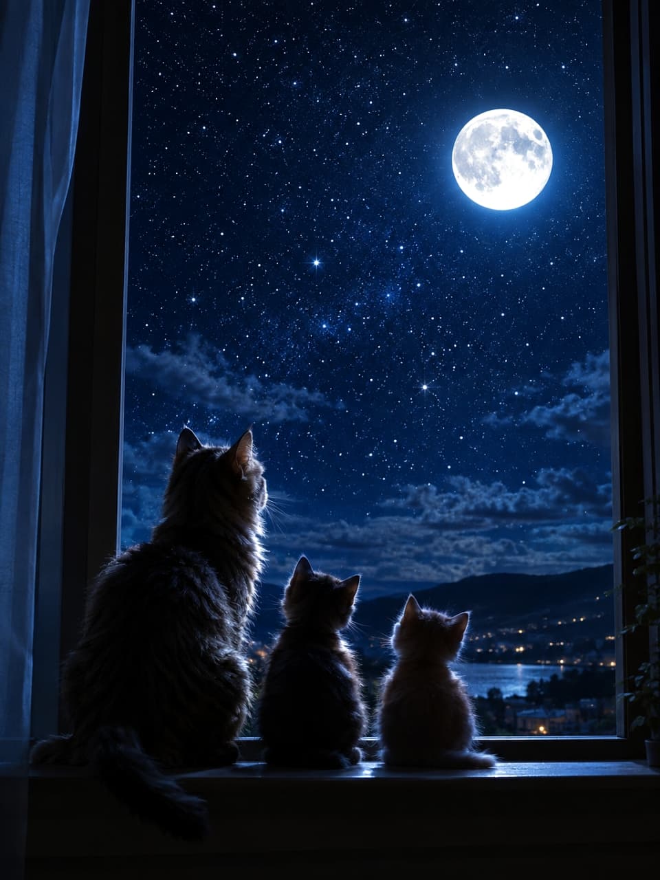 「今夜は大きな満月ですね。親子みんなで夜空を見上げて、どんなお話をしているのでしょうか🐈✨🌌」Ultra-realistic high-quality photograph of a long-haired mother cat and her two smaller kittens sitting on a dark windowsill at night, all silhouetted against a deep blue starry sky with a bright full moon and distant city lights. 深い夜の青と黒の色調に包まれた室内にて、大きな窓のふちに並んで座り、逆光によるシルエットで描かれた親子3匹の猫。左側に大きく座る長毛種の母猫、その右側に寄り添う2匹の小さな子猫（左側がやや濃く右側がやや薄い毛色の質感）が、窓の外の満天の星空と明るく輝く大きな満月、眼下に広がる遠くの街の明かりを、後ろ姿で静かに見つめている情景