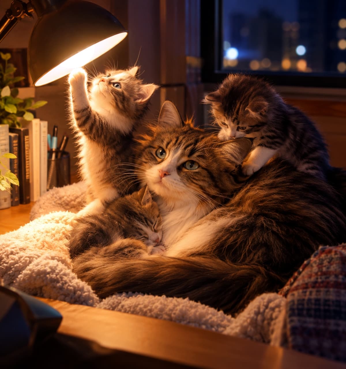 「デスクライトの灯りに集まる夜のひととき。それぞれの過ごし方で温もりを分け合う姿に胸が温まりますね💡🐾✨」Ultra-realistic high-quality photograph of a long-haired tabby and white mother cat resting on a soft blanket under the warm glow of a desk lamp at night, accompanied by three playful kittens: one sleeping soundly against her chest, another standing on the left batting at the lampshade, and a third climbing onto her back, with distant city lights visible through the window. 夜の静かな室内にて、デスクライトが照らすあたたかなオレンジ色の光のなか、クッションの上で身体を丸める長毛のキジトラ白の母猫。母猫の胸元で気持ちよさそうに眠るキジトラの幼い子猫、左側で立ち上がりランプシェードへ前足を伸ばすサバトラ白の子猫、そして母猫の背中に登り横顔を見つめるキジトラの子猫。窓の外の夜景と温かい照明、ふんわりとした毛並みの質感が美しく描かれたシネマティックな情景