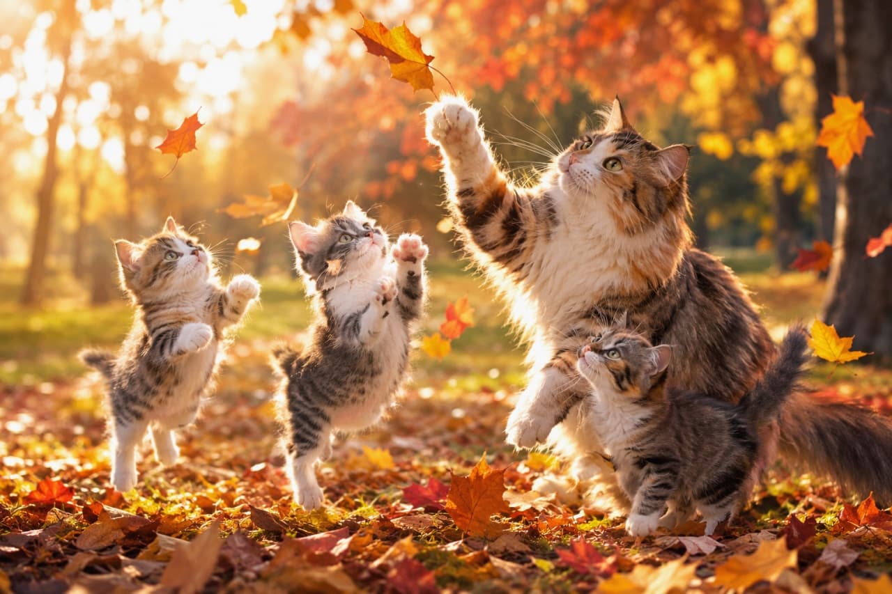 「舞い落ちる紅葉をめがけて一斉に大ジャンプ！秋の自然を満喫する親子の弾ける笑顔に視線が釘付けになりますね🍁🐾✨」Ultra-realistic high-quality photograph of a long-haired silver tabby and white mother cat standing up to bat at a drifting leaf, surrounded by her three lively tabby and white kittens playing and leaping among the colorful fallen autumn leaves under warm, golden hour sunlight in a festive park setting. 黄金色の自然光が差し込む秋の庭園にて、一面に敷き詰められた落ち葉の上で、3匹の幼い子猫たち（左：立ち上がるキジトラ白、中央：飛び跳ねるキジトラ白、右下：見上げるキジトラ白）と、右側で立ち上がり落ち葉に前足を伸ばす長毛のサバトラ白の母猫。猫たちのフワフワとした毛並みの質感と、舞い散る落ち葉、背景の温かい光と紅葉が詳細に描写された心温まる情景